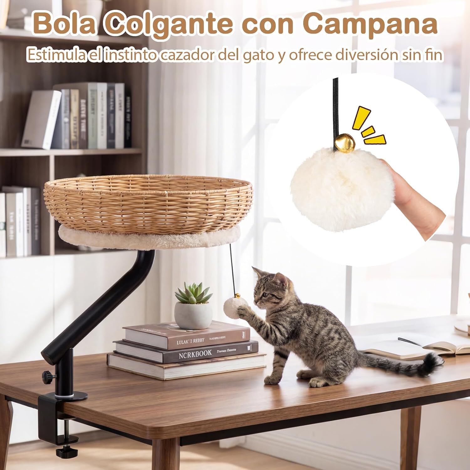 COSTWAY Cama Gato para Escritorio, Hamaca para Gatos Giratoria de 360&deg; de Rat&aacute;n con Coj&iacute;n Extra&iacute;ble y Bola Colgante, Cama para Gatos, Nido Suave para Mascotas para Oficina, Hogar, sin Taladrar, , large Imagen numero 4