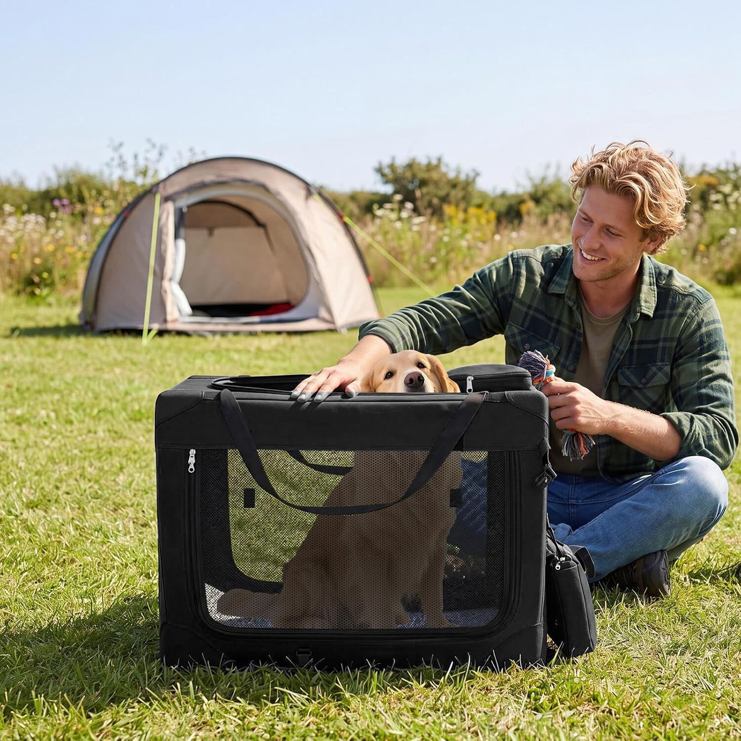COSTWAY Transport&iacute;n para Perros Plegable, Bolsa Transporte para Gatos con Ventanas de Malla, 3 Puertas y Bolsillos Extra&iacute;bles, Portador de Viaje para Mascotas Interior y Exterior (Negro, M), , large Imagen numero 7