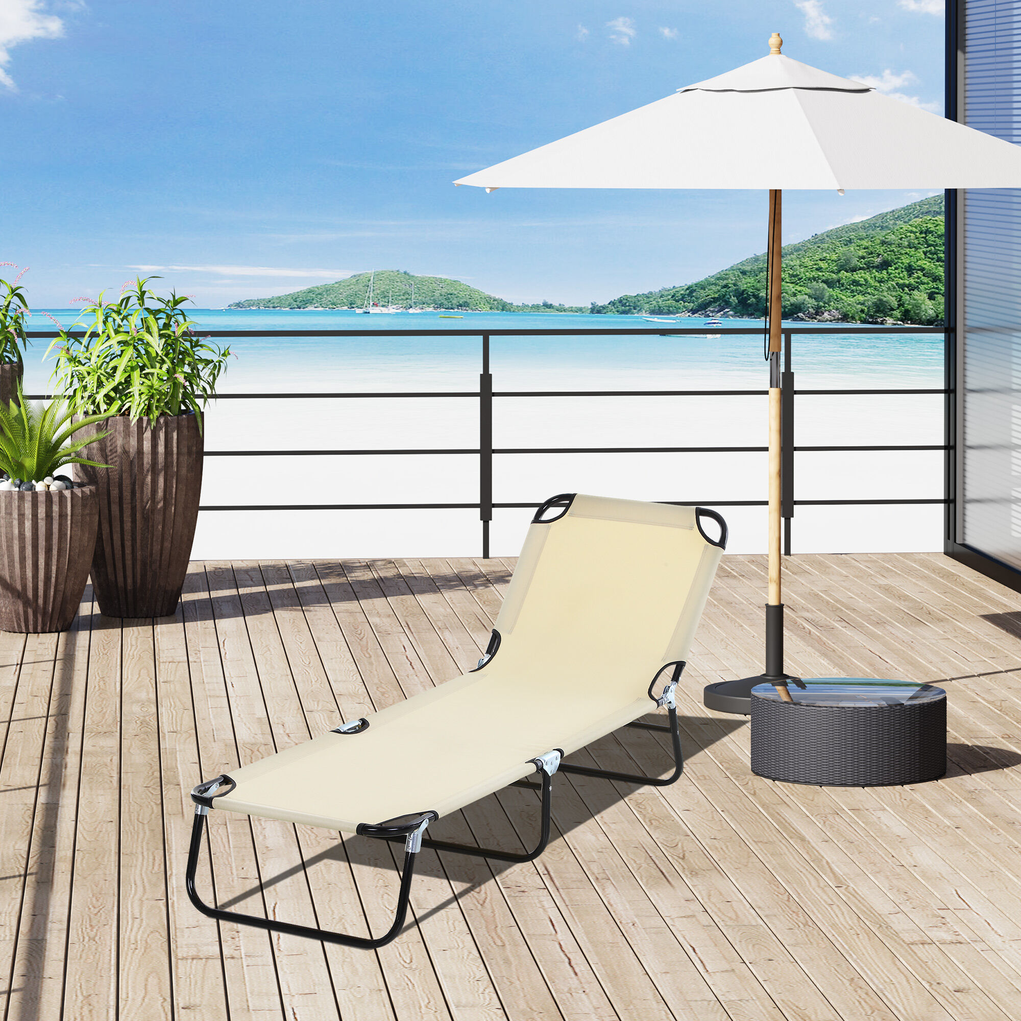 Outsunny Tumbona Plegable Reclinable con &Aacute;ngulo Ajustable de 5 Posiciones para Jard&iacute;n Exterior Piscina Terraza Camping Carga 120 kg 188x56x28 cm Beige, , large Imagen numero 2
