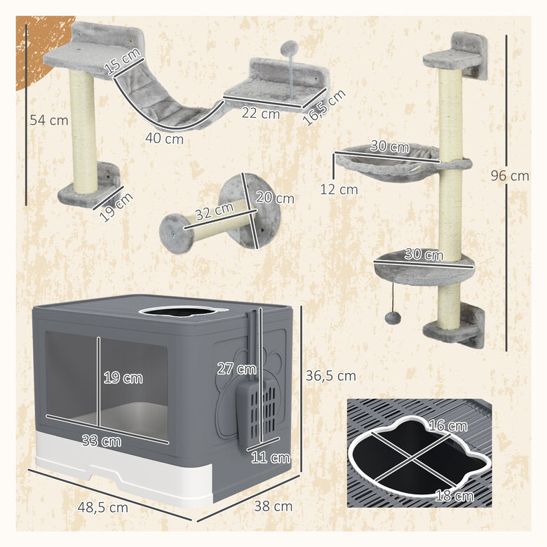 PawHut Conjunto para Mascotas Incluye 1 Estante de Escalada para Gatos de Pared de 4 Piezas y 1 Arenero para Gatos con Cubierto Pala Cepillo 2 Puertas Gris thumbnail