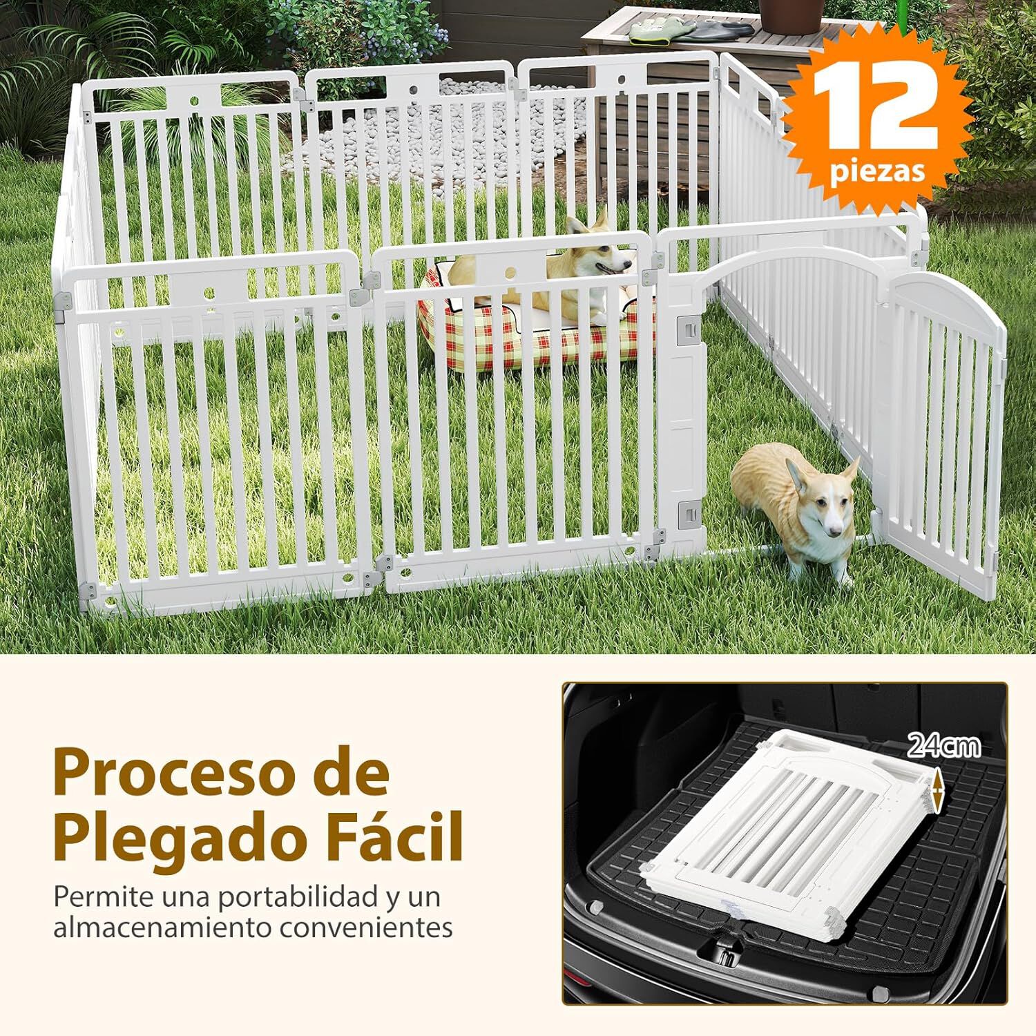 COSTWAY Corral de Mascotas de 6 Paneles, Valla Plegable de 81 cm con Puerta de Cierre Seguro, Estacas y Ventosas, Ideal para Perros Pequeños y Medianos, Interior y Exterior, Blanco thumbnail