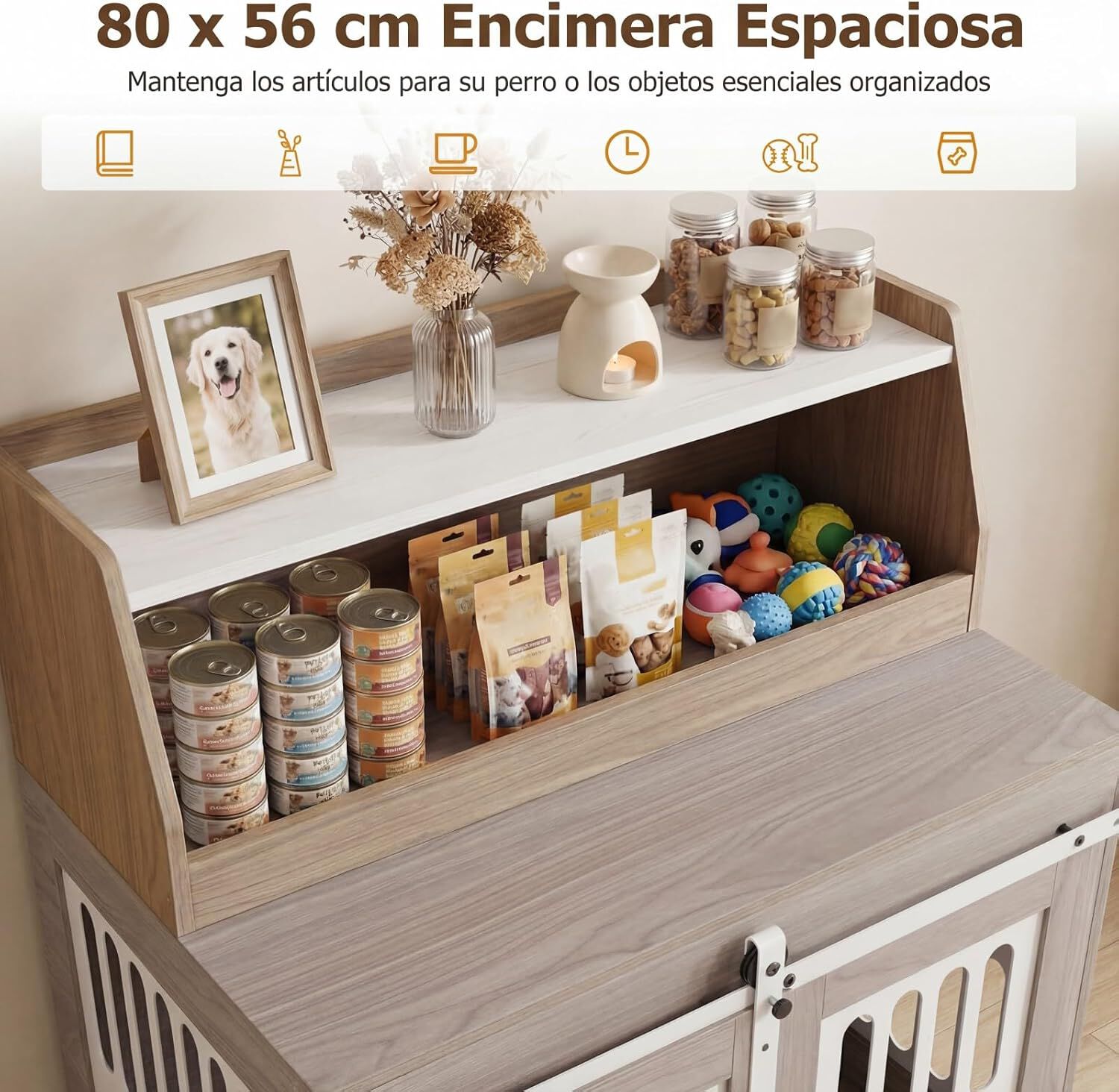 COSTWAY Jaula para Perros con Mesa Auxliar, Casa para Perros Interior con Puerta Corrediza, Mueble Jaula para Mascotas Medianas y Grandes, Capacidad hasta 30 kg, 80 x 56 x 62,5 cm, Gris, , large Imagen numero 3