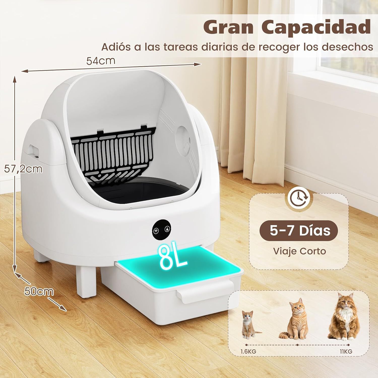 COSTWAY Arenero Gatos Autolimpiable, Dise&ntilde;o Abierto, Apertura de 39 x 39 cm, Arenero Autom&aacute;tico para Gatos con Control por APP, Sin Olores, Sensores de Seguridad, Silencioso, Caja de Arena Autolimpiable, , large Imagen numero 5
