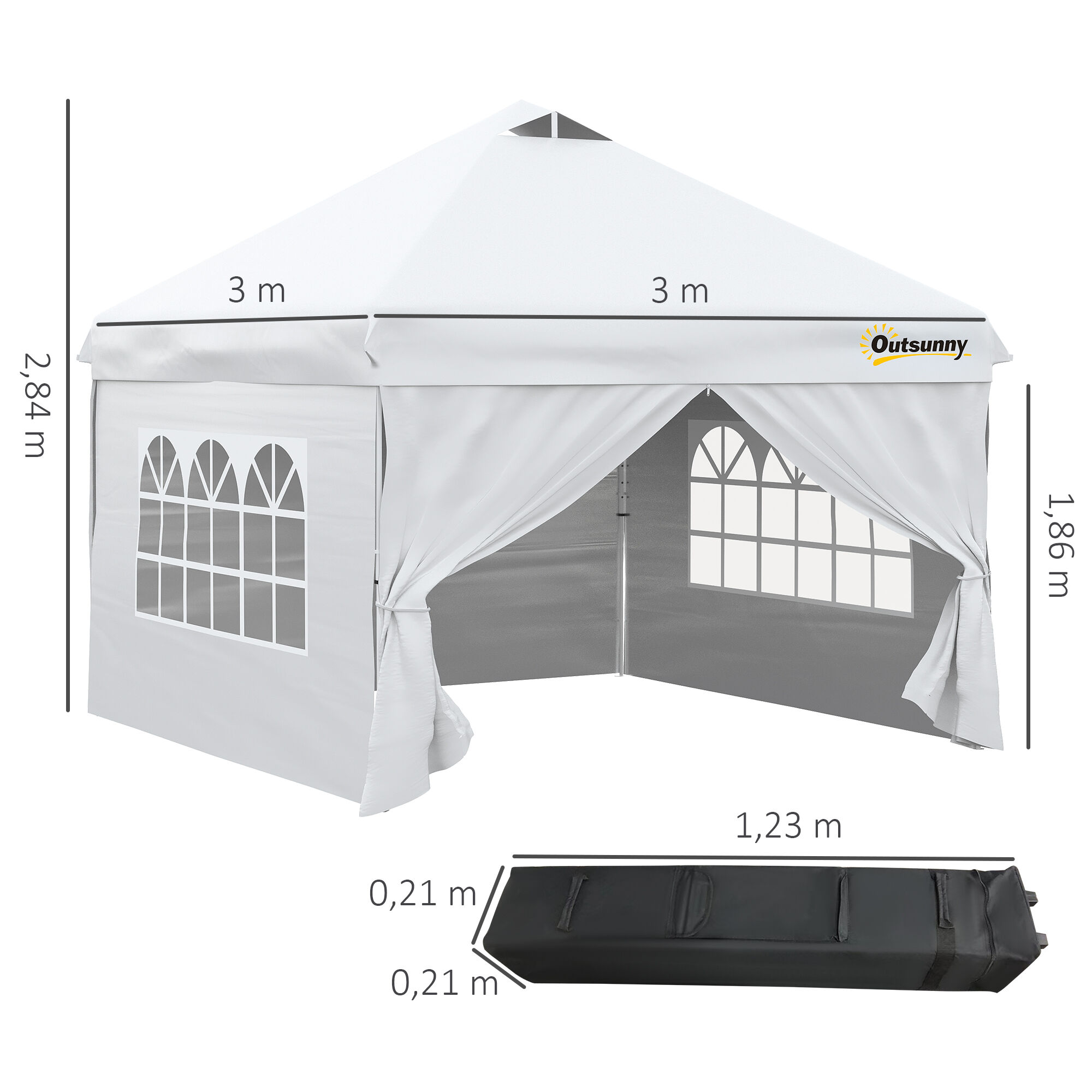 Outsunny Carpa Plegable 3x3 m con Altura Ajustable de 3 Niveles Cenador de Jard&iacute;n con 4 Paredes Extra&iacute;bles 2 Ventanas 4 Sacos de Arena y Bolsa de Transporte para Camping Blanco, , large Imagen numero 3