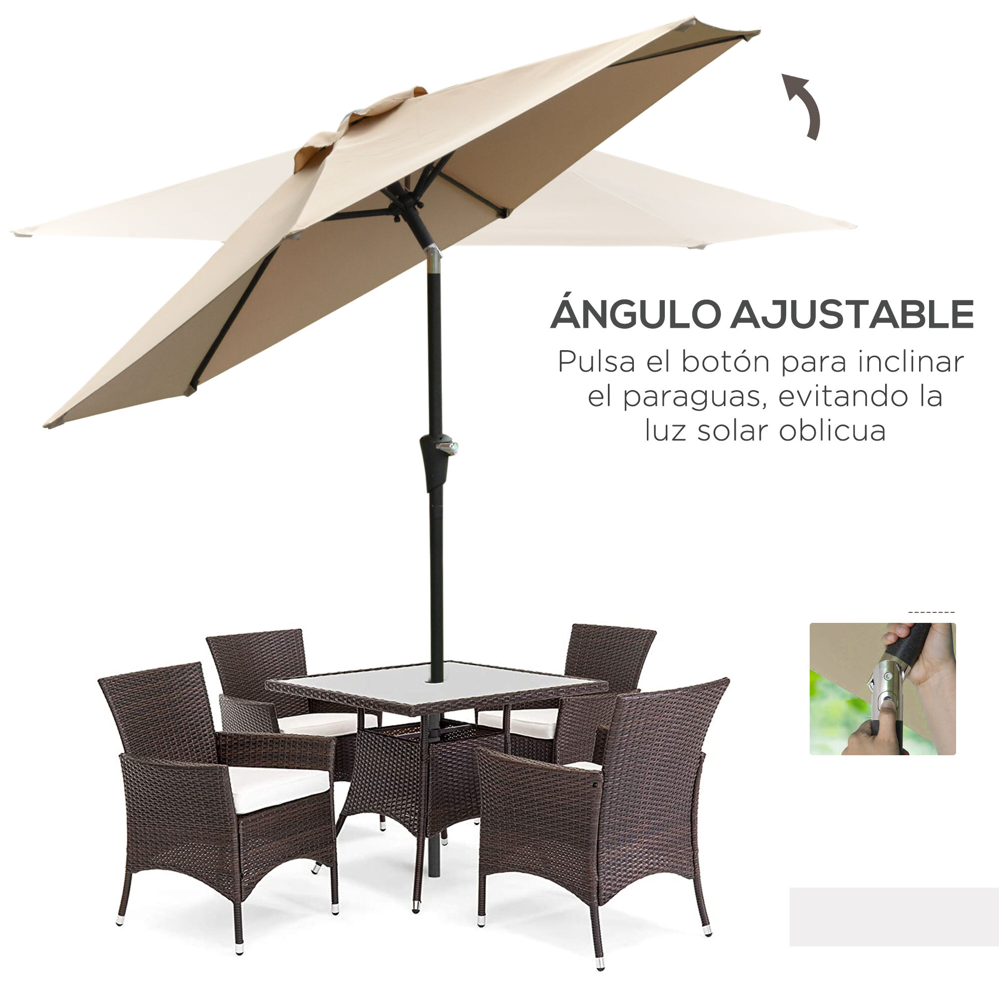 Outsunny Sombrilla de Jard&iacute;n &Oslash;230x216 cm Parasol de Terraza Basculante Apertura Manual Impermeable para Patio Piscina Caqui, , large Imagen numero 5