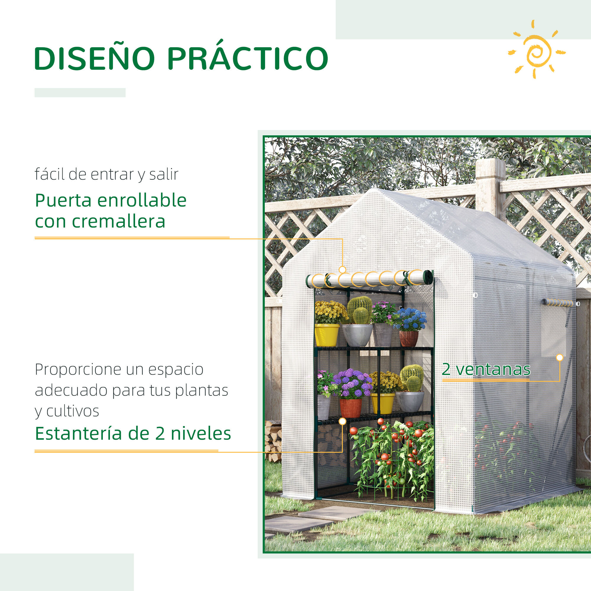 Outsunny Invernadero de Jard&iacute;n 143x143x195 cm Vivero Casero de Acero con 4 Estantes Puerta y 2 Ventanas Enrollables para Cultivos Plantas Macetas Flores Patio Exterior Blanco, , large Imagen numero 5