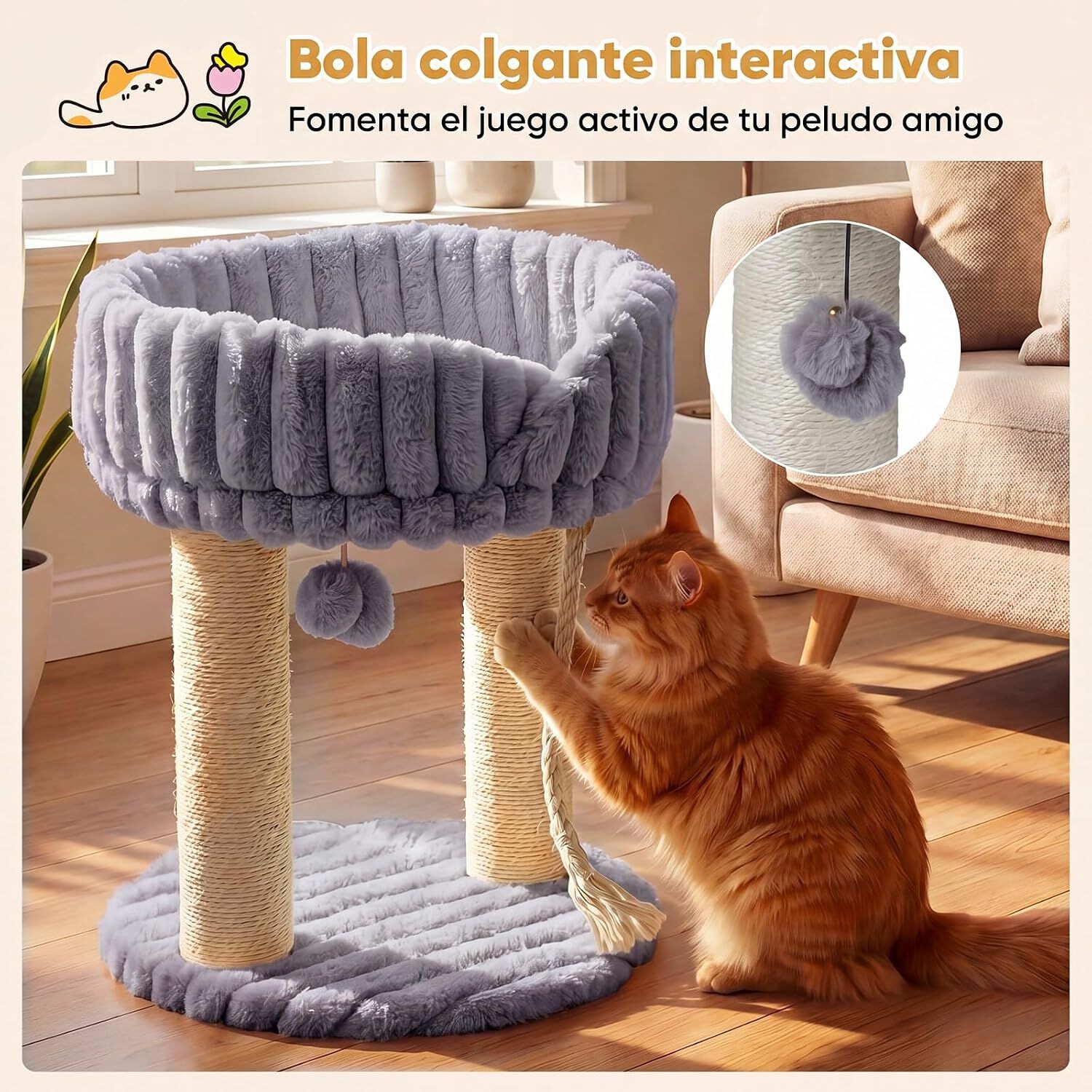 COSTWAY 40 x 40 x 50,5 cm &Aacute;rbol para Gatos Peque&ntilde;o (Gris) | Torre para Gatos con Plataforma Superior de Felpa, Rascadores de Sisal, Bola Colgante, Torre gato Interior para Mascotas, , large Imagen numero 4