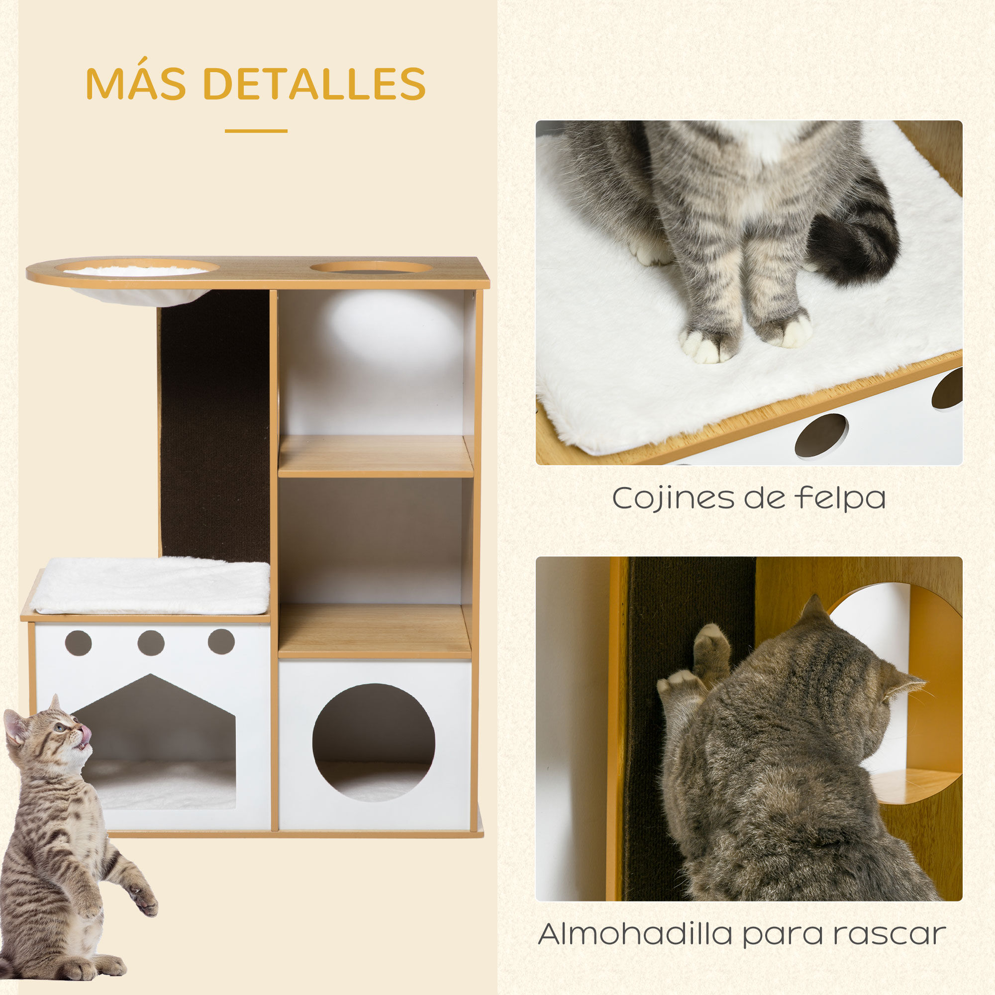 PawHut &Aacute;rbol Rascador para Gatos de Madera 92,5 cm Torre para Gatos para Gatitos de Interior con 2 Cuevas Rascador Hamaca y Cojines de Felpa 76x37x92,5 cm Roble, , large Imagen numero 5
