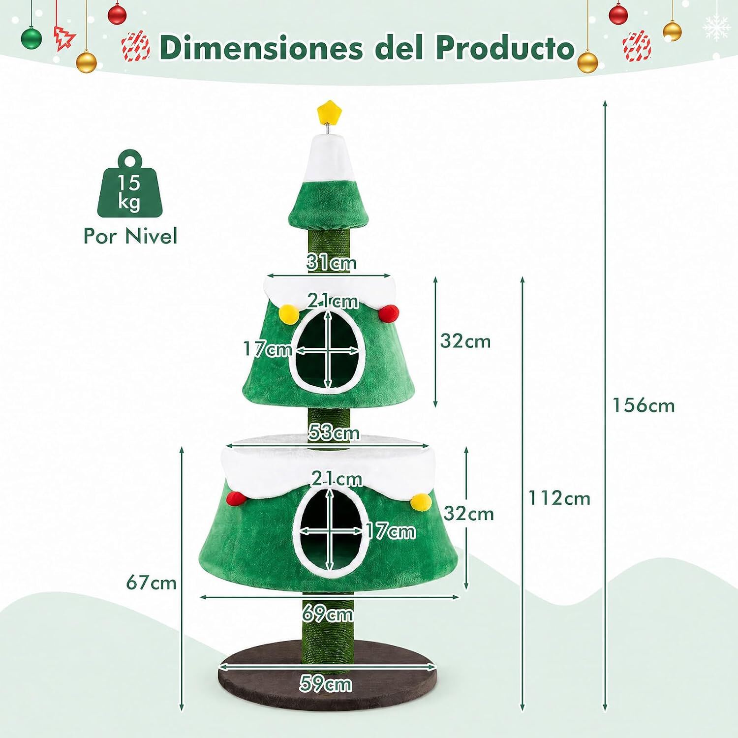 COSTWAY 156 cm &Aacute;rbol de Navidad para Gatos con 2 Casitas Grandes, Torre para Gatos con Rascadores de Yute, Juguete en Estrella con Resorte y Bolas Decorativas, Mueble de Juegos para Interior, , large Imagen numero 3