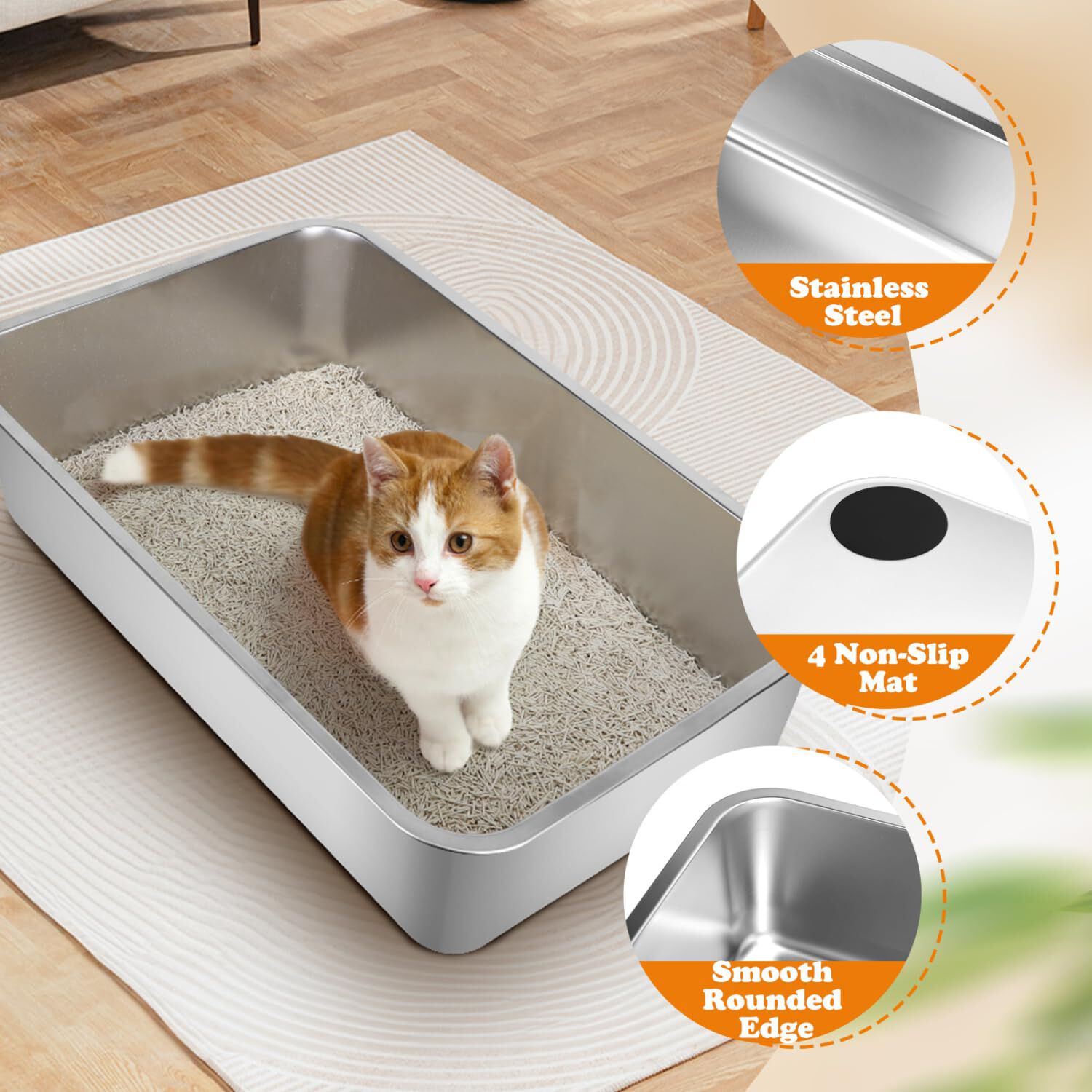 Nobleza - Arenero para Gatos de Acero Inoxidable Cerrado Grande 60x40x15 cm - Caja de Arena con Borde Alto, No Absorbe Olores, Antideslizante - Adecuado para Gatos Grandes y M&uacute;ltiples Gatitos, , large Imagen numero 3