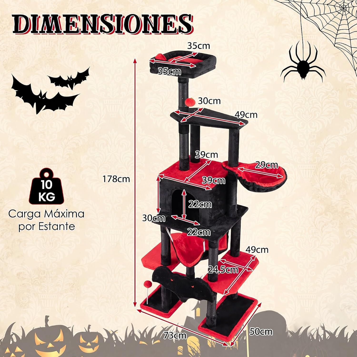 COSTWAY 178 cm &Aacute;rbol Rascador para Gatos de Estilo G&oacute;tico | con Casita, Plataforma, Hamaca, Postes Rascadores de Sisal y Bola Colgante, Torre para Gatos de 6 Niveles para Varios Gatitos, , large Imagen numero 5