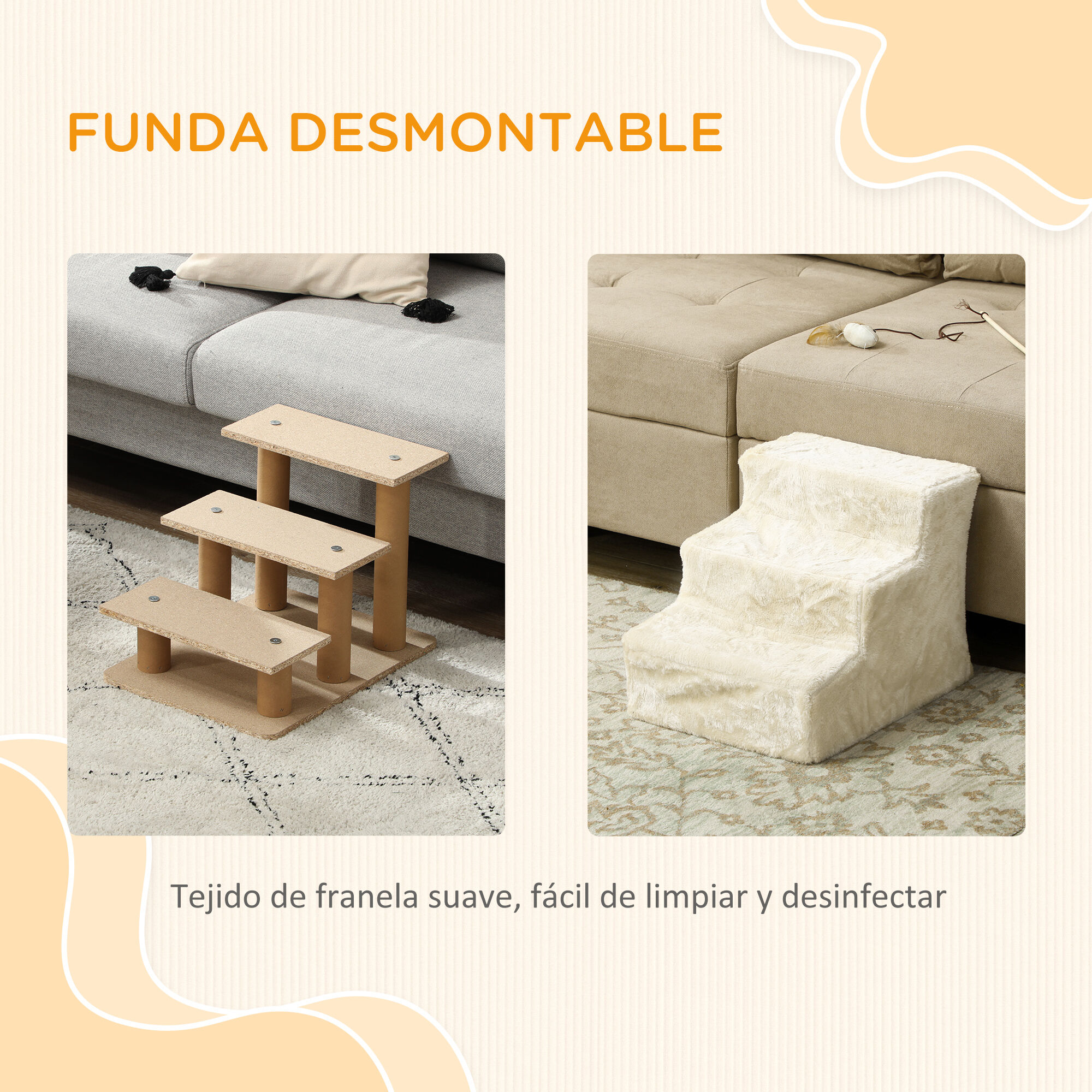 PawHut Escalera para Perros de 3 Pelda&ntilde;os, Escalera para Mascotas con Funda Extra&iacute;ble y Lavable, Rampa para Perros y Gatos para Cama, Sof&aacute;, 46x35x35 cm, Beige, , large Imagen numero 5