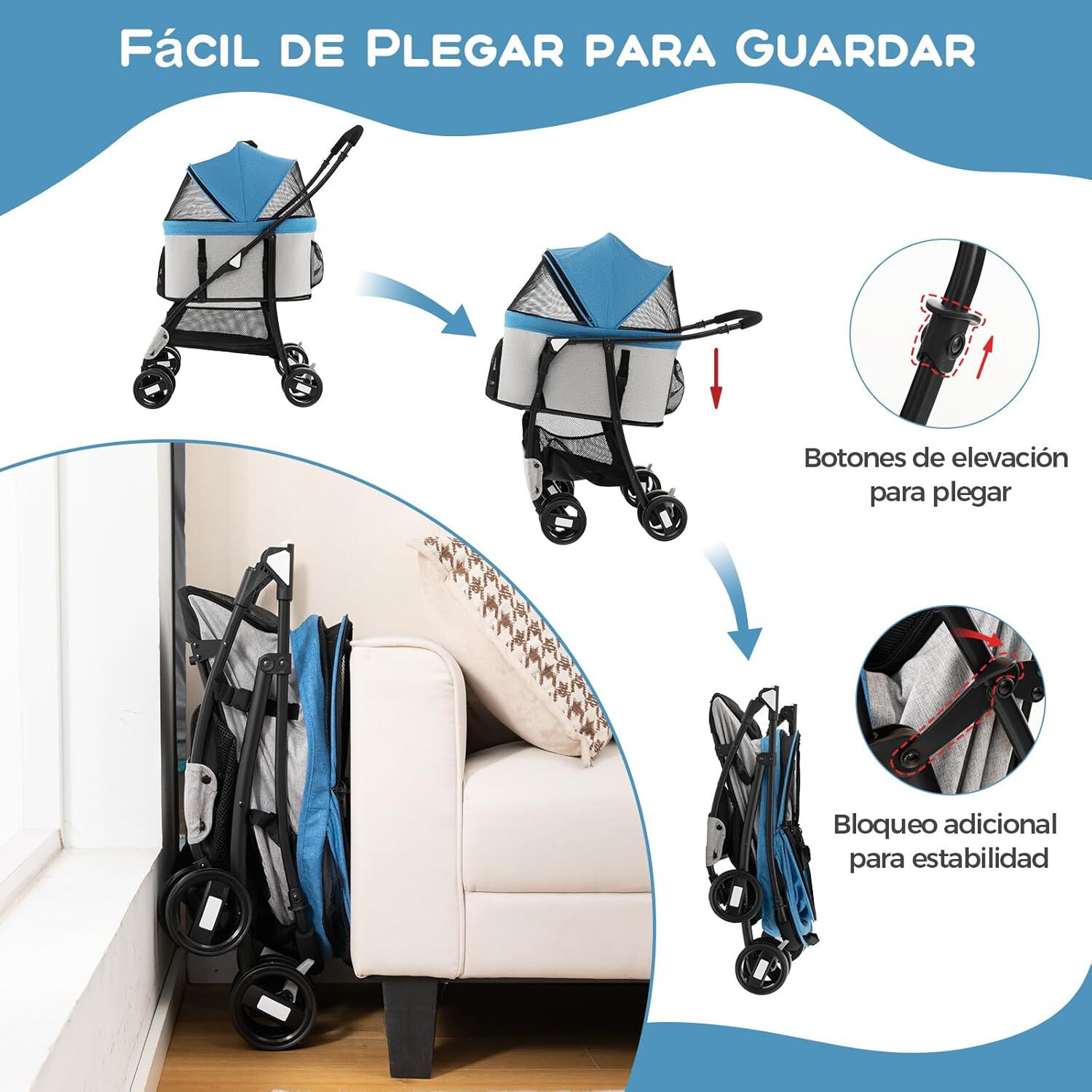 COSTWAY 3 en 1 Cochecito para Mascotas Plegable, Cochecito de Mascotas con Toldo Ajustable de 4 Niveles y Cesta de Almacenamiento, Carrito para Gatos con Porta Asiento de Coche Extra&iacute;ble (azul), , large Imagen numero 2
