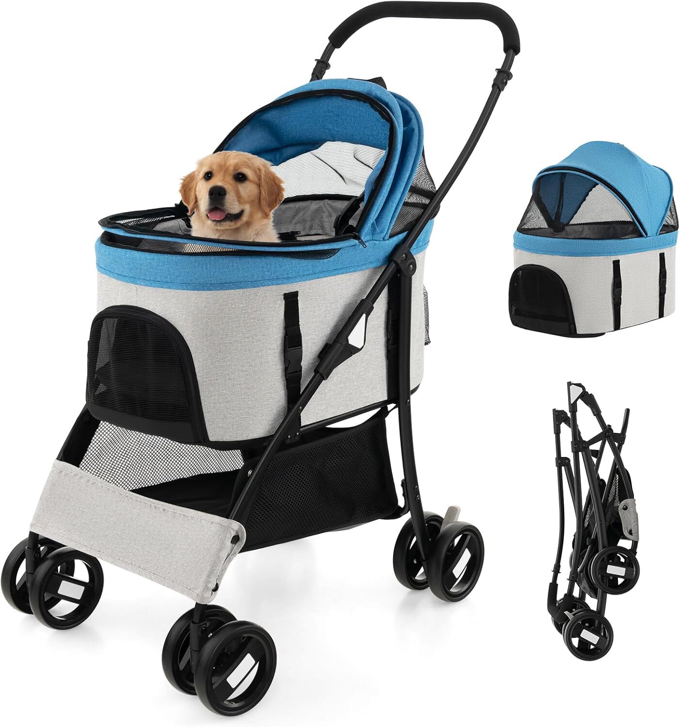 COSTWAY 3 en 1 Cochecito para Mascotas Plegable, Cochecito de Mascotas con Toldo Ajustable de 4 Niveles y Cesta de Almacenamiento, Carrito para Gatos con Porta Asiento de Coche Extra&iacute;ble (azul), , large Imagen numero 1