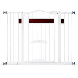COSTWAY Barrera de Seguridad Extensible para Puertas 74-104 cm, para Puertas y Escaleras, Montaje a Presi&oacute;n sin Taladrar ni Herrajes, Cerraduras Dobles, Puerta de Perro Expandible de Metal (Blanco)