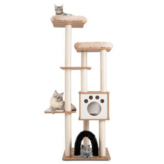 COSTWAY Árbol para Gatos de Interior Moderno, Árbol para Gatos de Varios Niveles con 2 Perchas, Arco para Gatos que los Cepilla Automáticamente, Torre de Madera para Gatos, Alfombrillas Lavables
