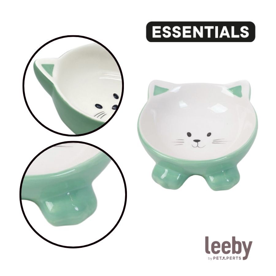 Leeby Comedero de Cer&aacute;mica Blanco y Verde con Orejitas para gatos, , large Imagen numero 3