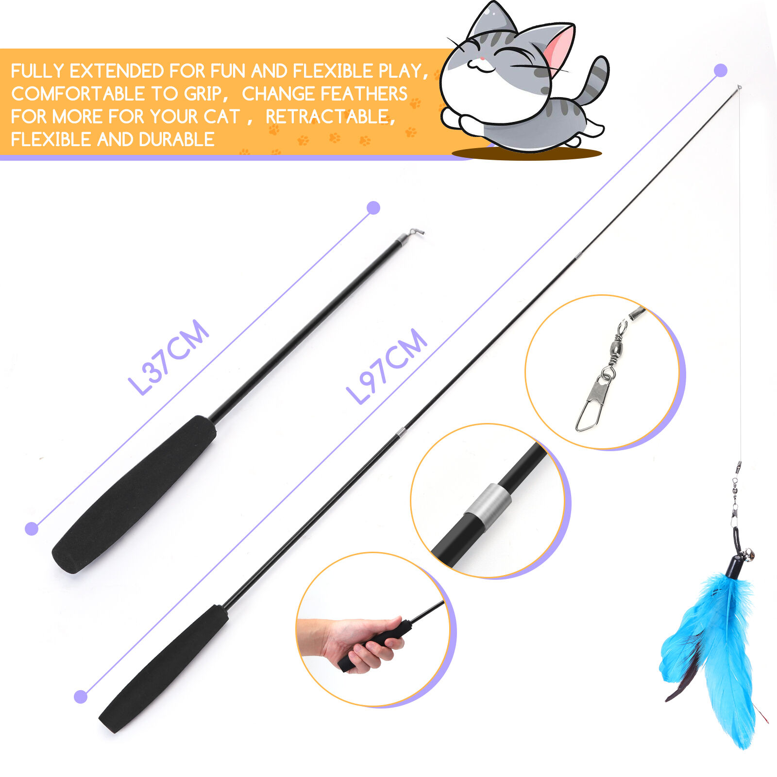 Nobleza - Juguete Pluma de Gato Interactivo 12 Piezas, 2 Varitas Divertidas Retr&aacute;ctiles y 10 Teaser，Juguete Interactivo con Plumas，Juguetes para Gatos con Campana(10PCS）, , large Imagen numero 5