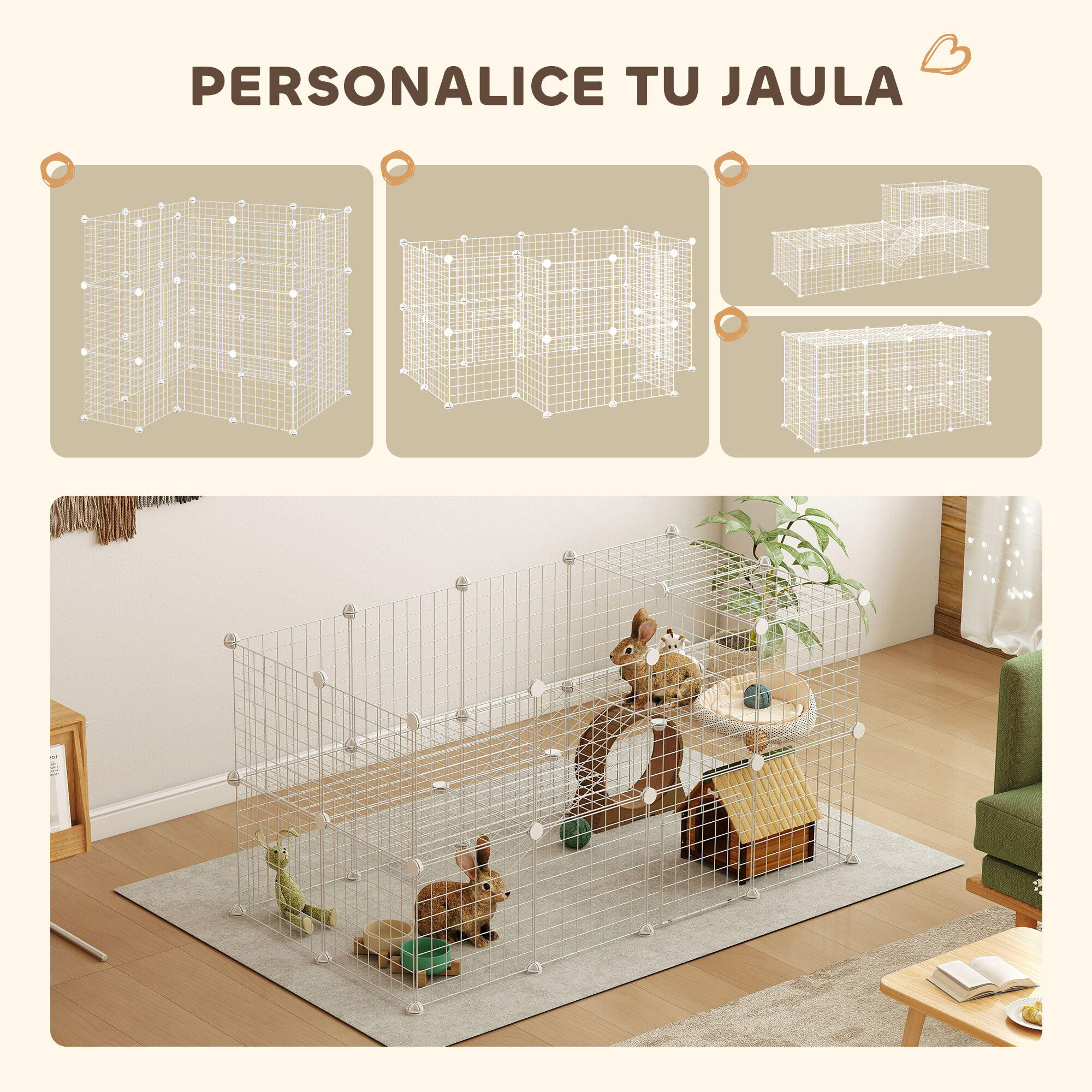 PawHut Valla Met&aacute;lica para Mascotas de 36 Paneles, Jaula para Animales Peque&ntilde;os, Forma Personalizable, Jaula para Conejos, Cobayas, Chinchillas, Gatitos, 146x73x73 cm, Blanco, , large Imagen numero 4