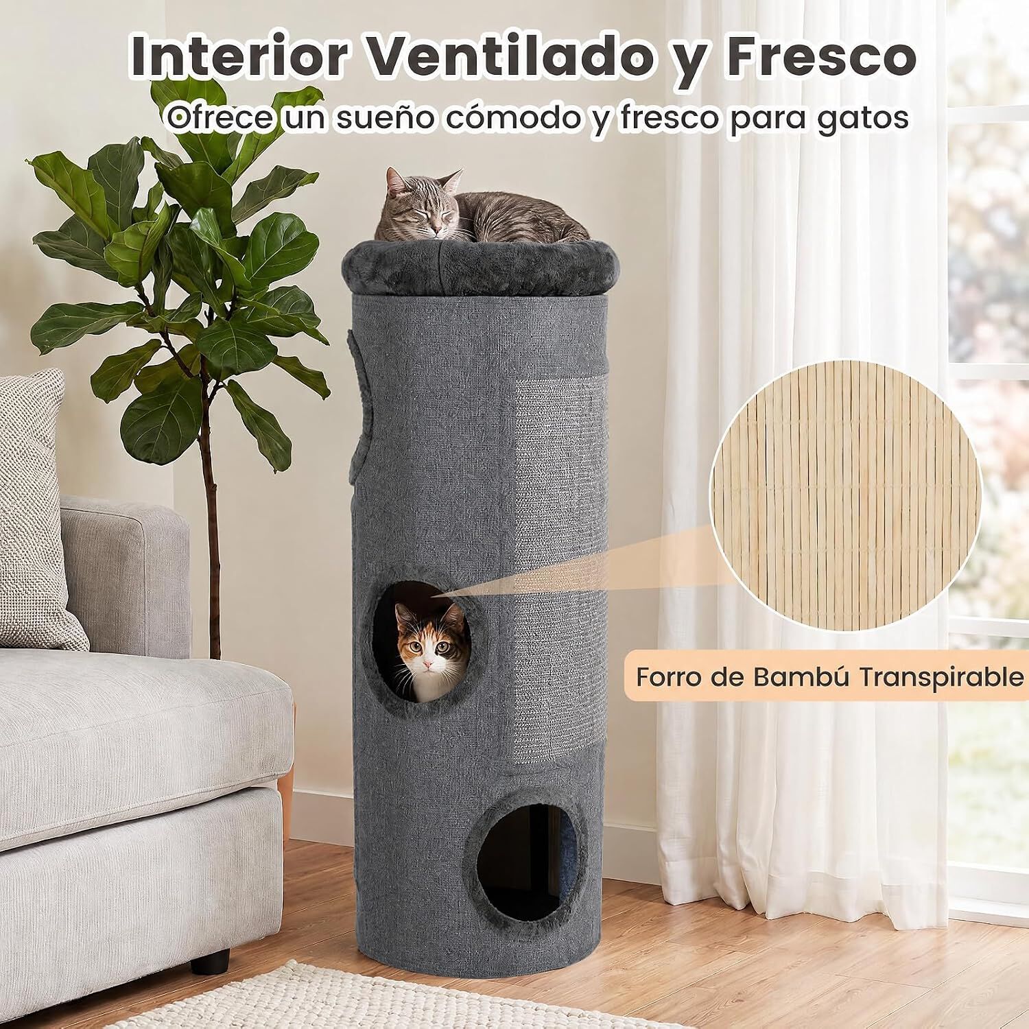COSTWAY Barril Rascador de 4 Niveles, Poste rascador para Gatos con Cama de Percha Removible, Tablero Rascador de Sisal, Estera de Bamb&uacute; para Gato de Interior 43 x 43 x 113 cm, Gris Oscuro, , large Imagen numero 5