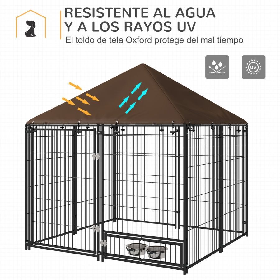 PawHut Perrera con Toldo Parque para Perros Met&aacute;lica de Exterior con Soporte Giratorio para Comida 2 Cuencos para Patio Jard&iacute;n Terraza 141x141x151 cm Negro, , large Imagen numero 6