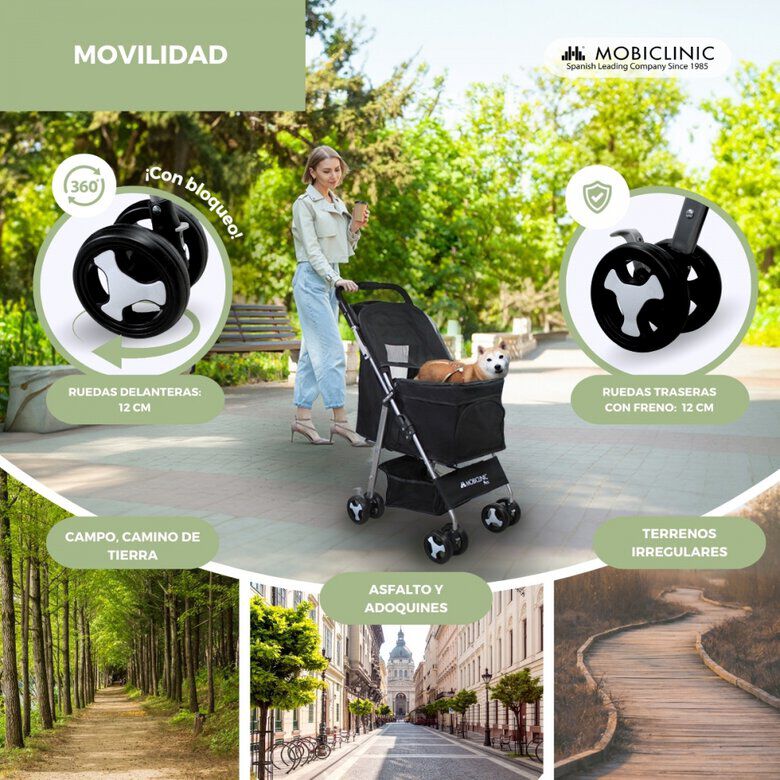 Mobiclinic Carrito para perros Ruedas con freno y 360&ordm; 3 accesos Con toldo Cesta almacenaje y portavasos Negro, , large Imagen numero 5