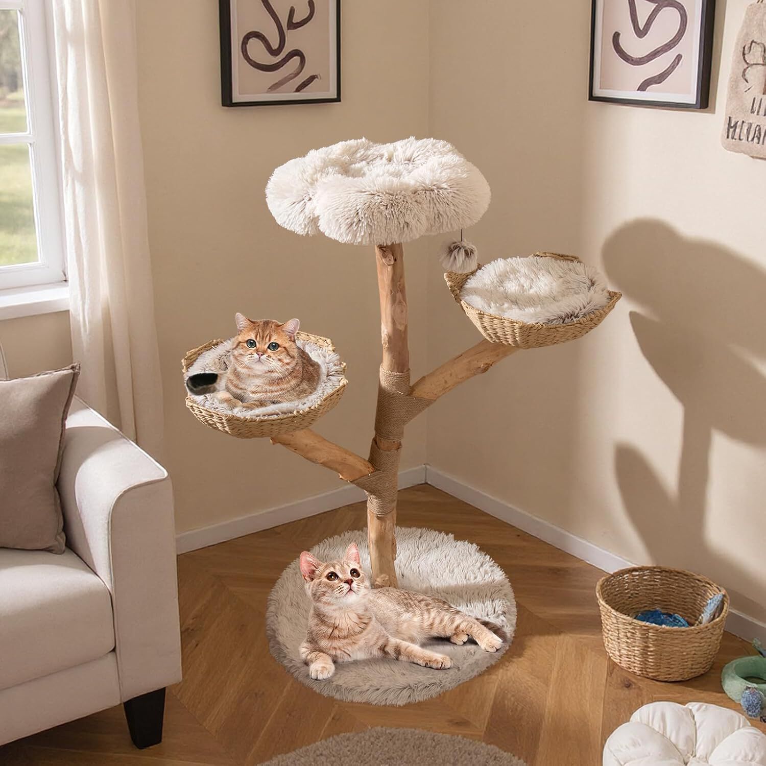 COSTWAY Rascador para Gatos, Árbol para Gatito Moderno de Madera Maciza, 122 cm Torre Gatos Rascador con Plataforma Forma de Flores, 2 Nidos con Cojines, Poste de Yute, Bola Colgante, Blanco y Natural thumbnail