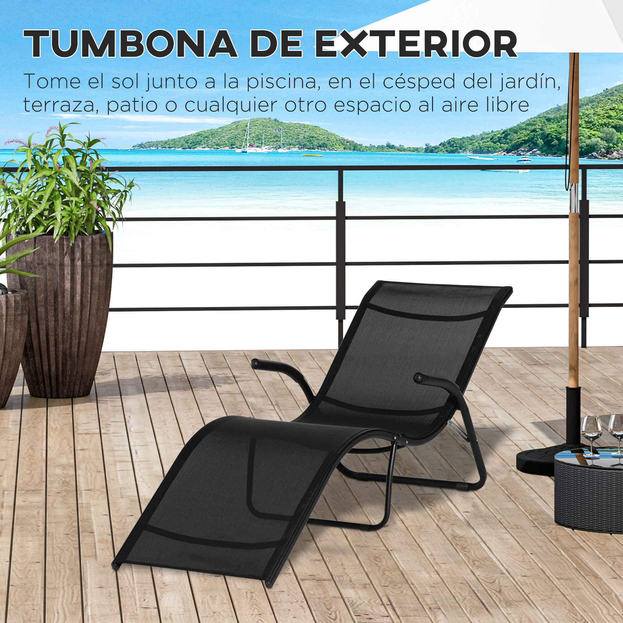 Outsunny Conjunto de 2 Tumbonas Plegables Tumbonas de Jard&iacute;n con Reposabrazos Reposapi&eacute;s y Respaldo Carga 160 kg para Terraza Playa Camping Exterior 170x62x68 cm Negro, , large Imagen numero 4