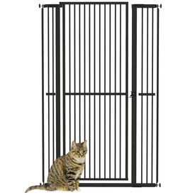 PawHut Barrera de Seguridad para Perros y Gatos Extra Alta 150 cm, Barrera para Perros Extensible 77-104 cm para Puertas y Escaleras, con Montaje a Presión, 2 Extensiones y Puerta de Paso, Negro