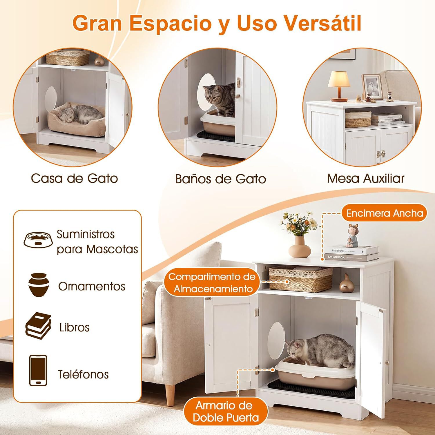 COSTWAY Caja de Arena para Gatos de Madera, Mueble Arenero para Gato con Alfombrilla, Compartimento y Puerta con Cerradura, Casa para Gatos Interior, Mueble Auxiliar Mascotas, 59,5x43,5x73 cm, Blanco, , large Imagen numero 4