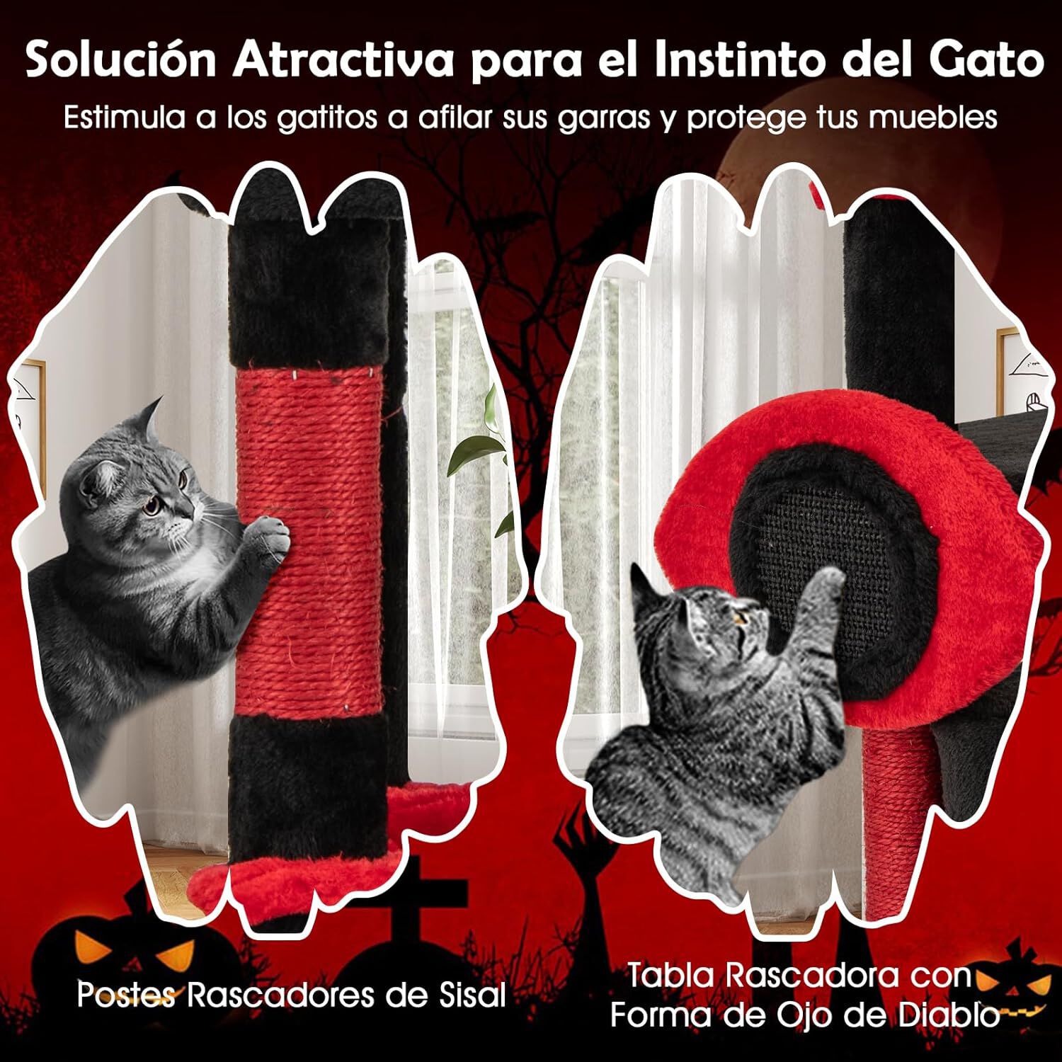 COSTWAY Rascador para Gatos G&oacute;tico de 133 cm, &Aacute;rbol para Gatos con Percha de Felpa, Juguete Colgante de Ara&ntilde;a, Tablero de Rascado, Hamaca, Plataformas Espeluznantes, Mueble Multinivel para Gatos, , large Imagen numero 5