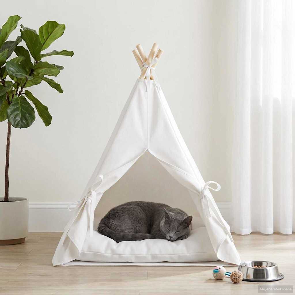 vidaXL Tienda de campa&ntilde;a para mascotas con coj&iacute;n Blanco Poli&eacute;ster Teepee gatos, , large Imagen numero 13