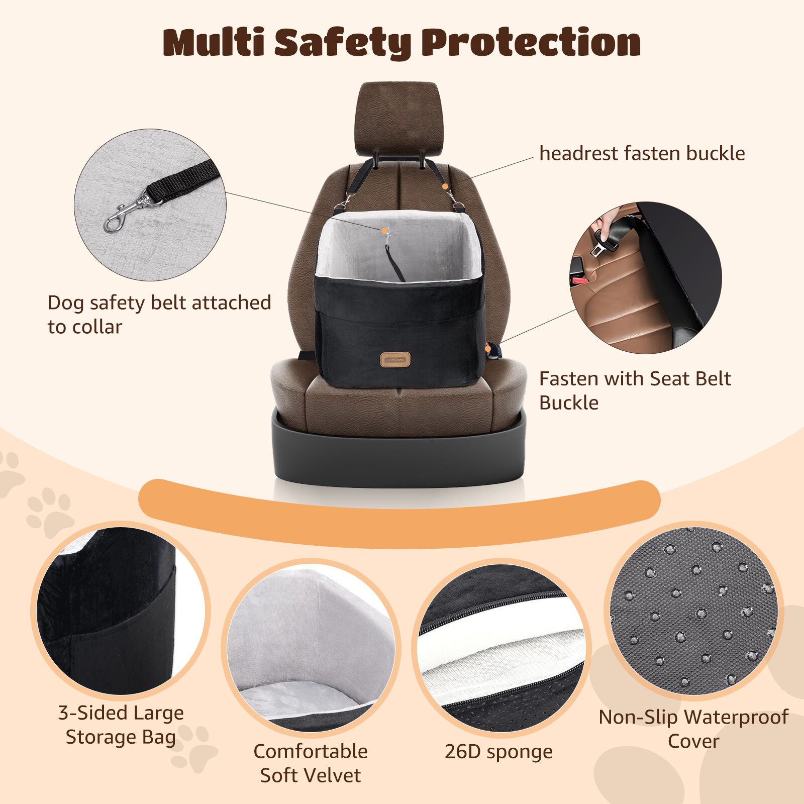 Nobleza Asiento Perro Coche Peque&ntilde;o, Asiento Elevado para Mascotas con Coj&iacute;n Grueso y Bolsillos Laterales, Cama Perro Coche Lavable Segura y C&oacute;moda para Perros y Gatos, 50 * 50 * 40 cm, Negro, , large Imagen numero 2