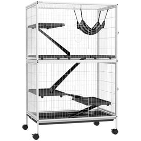 PawHut Jaula para Animales Pequeños de 4 Niveles Jaula para Roedores con Ruedas Rampas Hamaca Colgante y Bandeja Extraíble Recinto para Conejos Chinchillas Hurones 80x52x128 cm Blanco