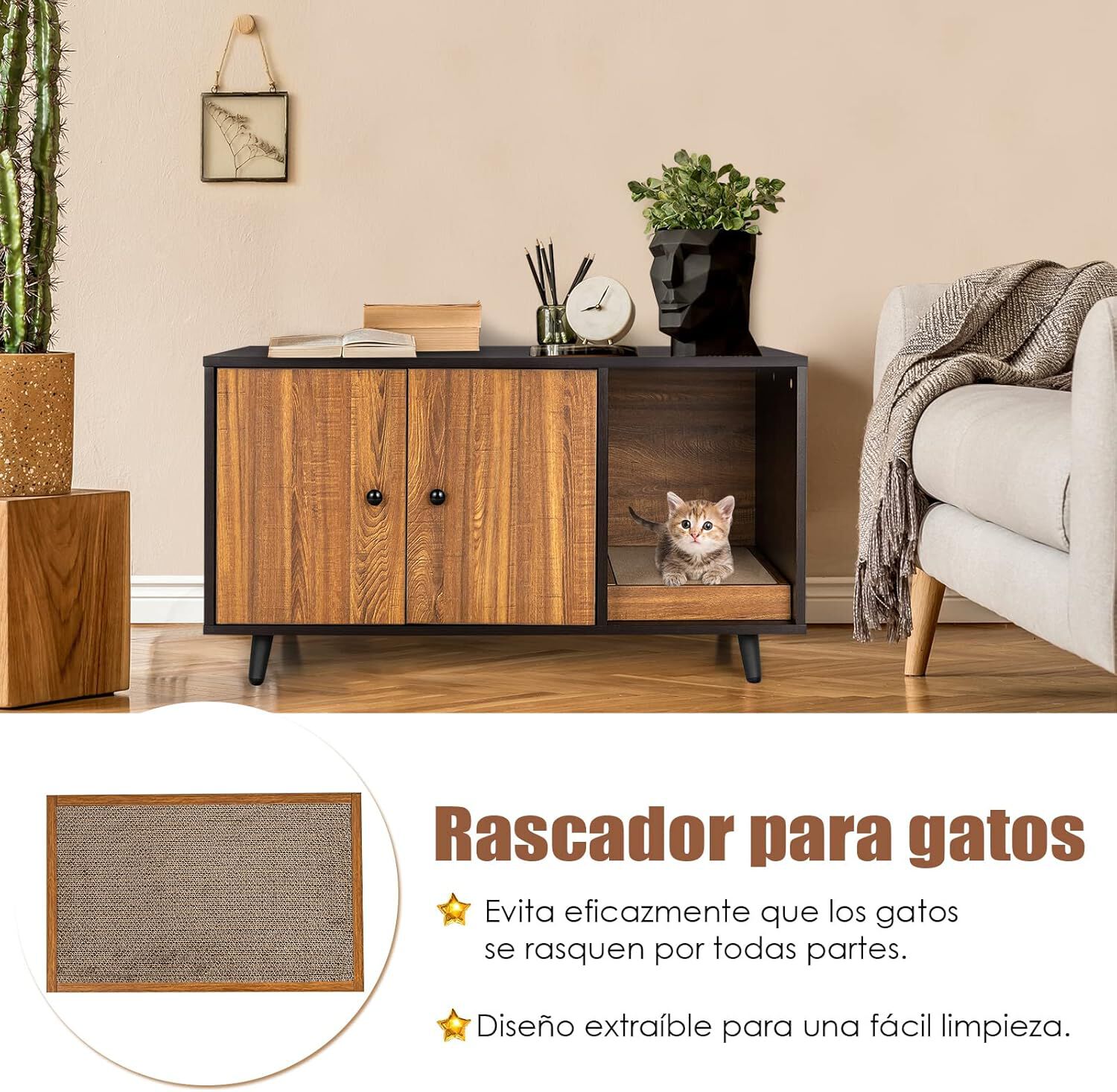 COSTWAY 3 en 1 Mesa Auxiliar y Casa para Gatos con Caja de Arena de Madera thumbnail