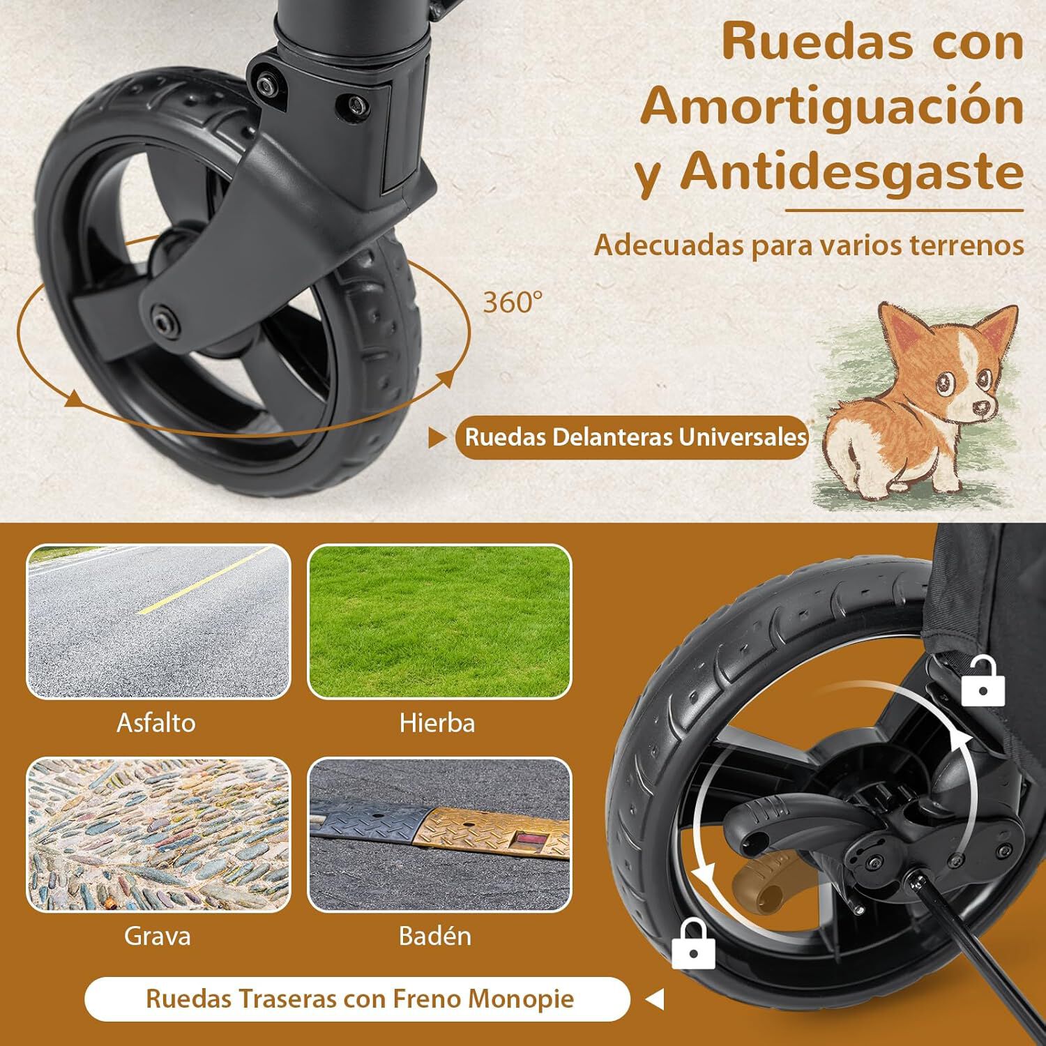 COSTWAY Cochecito para Mascotas Plegable, Coche de Perros Medianas y Grandes, Carro de Viaje para Perros con 4 Ruedas de Absorci&oacute;n de Impactos, Puerta Delantera, Tragaluz, Manija Ajustable gris, , large Imagen numero 3