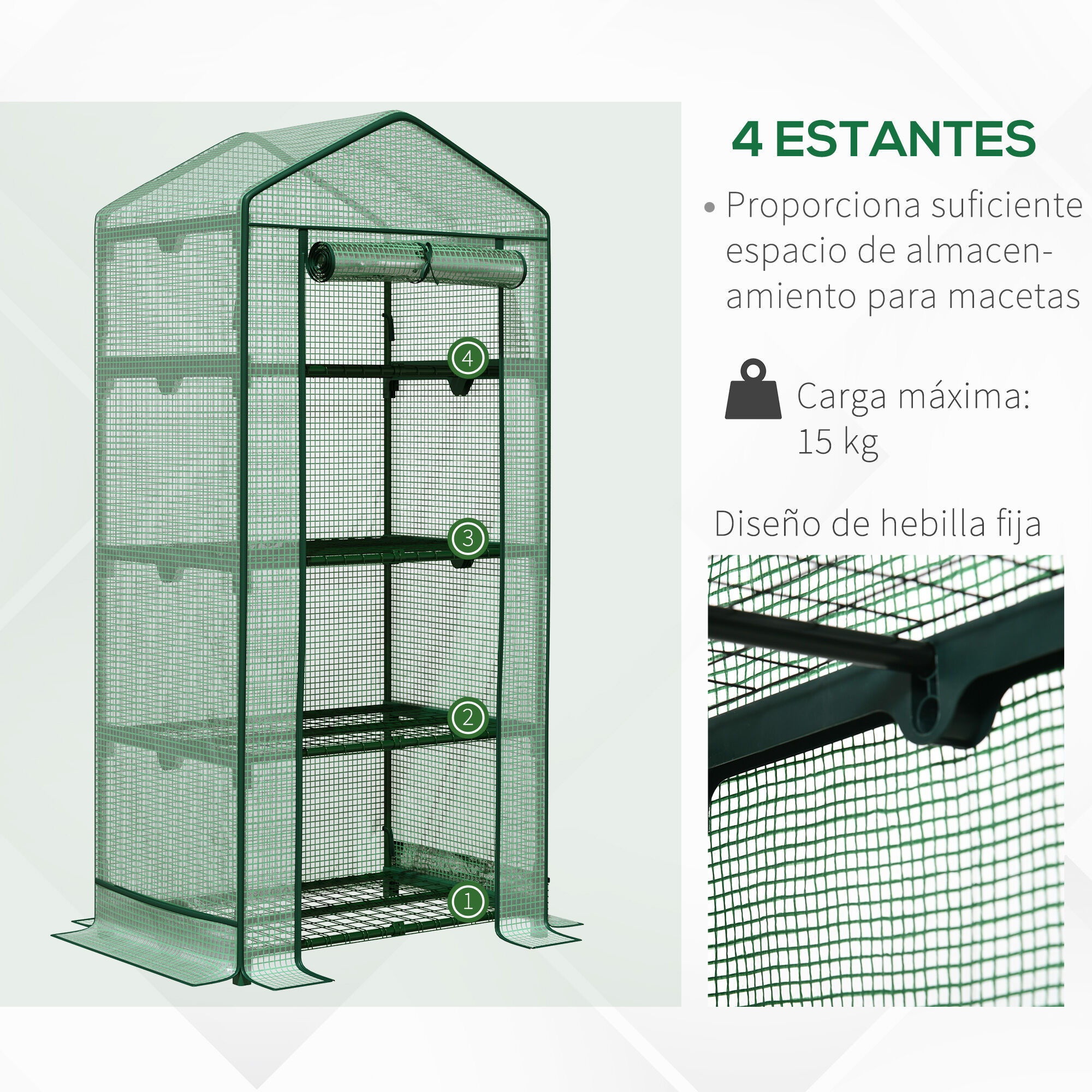Outsunny Invernadero de Terraza con 4 Estantes de Alambre y Puerta Enrollable Invernadero de Jardiner&iacute;a para Macetas Plantas Flores Jard&iacute;n Exterior 69x49x158 cm Verde, , large Imagen numero 5