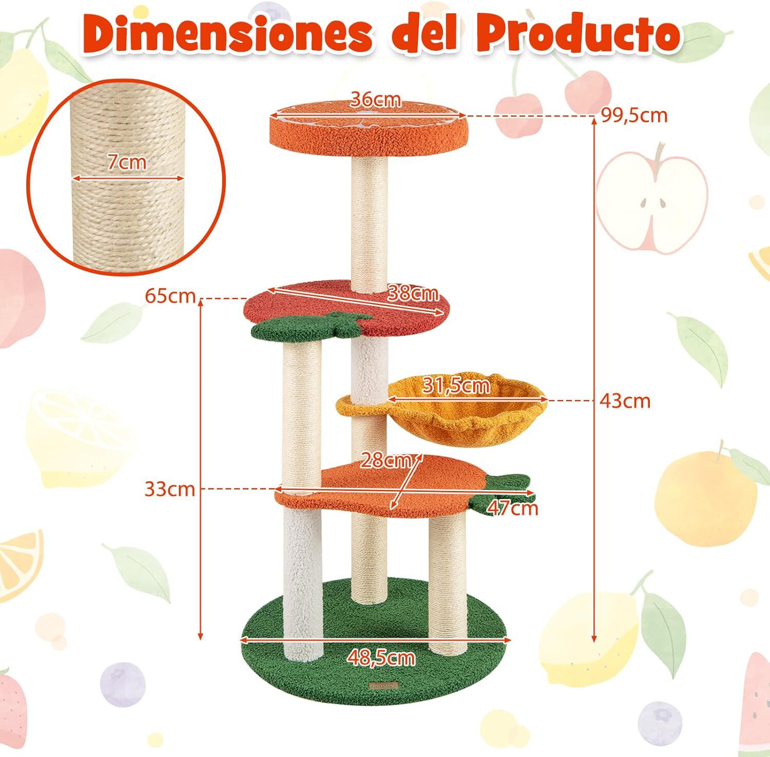 COSTWAY Árbol Rascador para Gatos, Rascador para Gatos de Estilo Fruta, Múltiples Niveles con Perchero Acolchado, Cesta Rotatable, Postes de Rascado de Sisal, Centro de Actividades para Gatos thumbnail