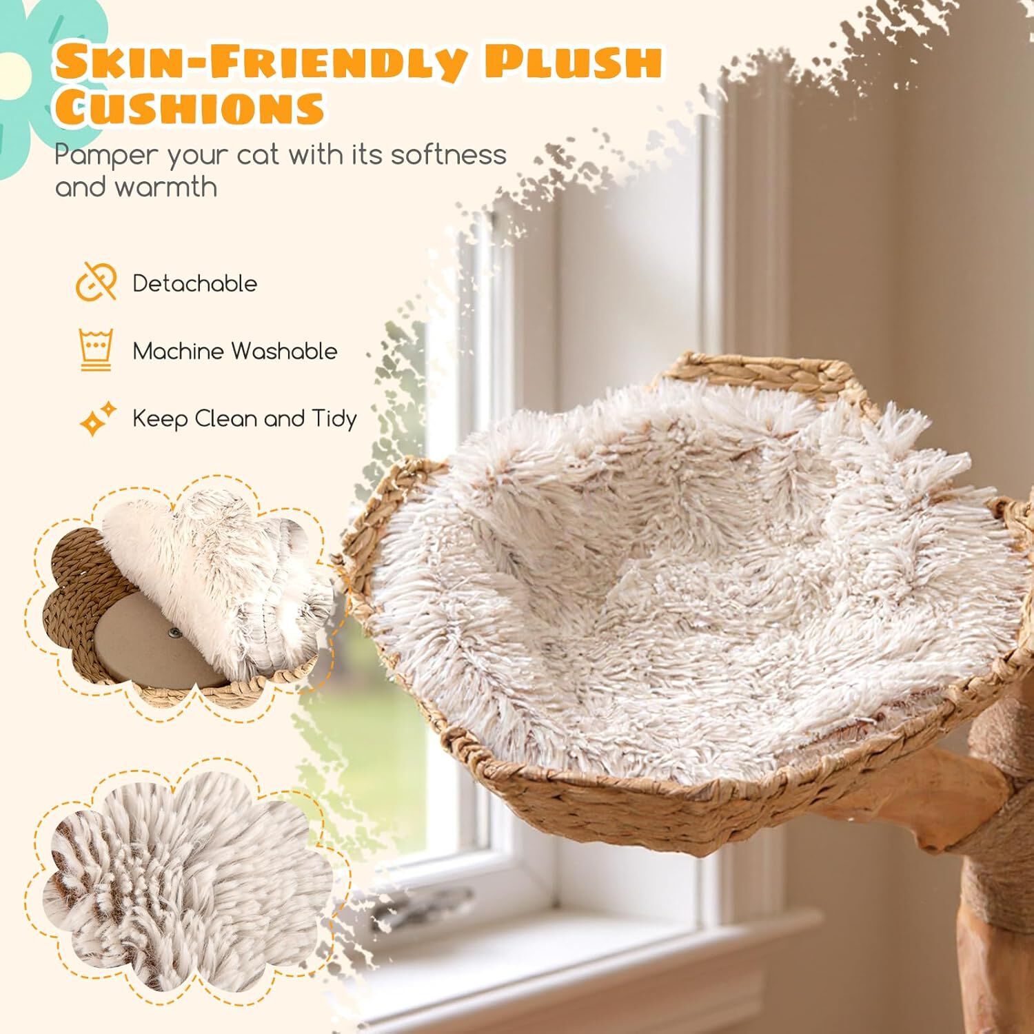 COSTWAY Rascador para Gatos, Árbol para Gatito Moderno de Madera Maciza, 122 cm Torre Gatos Rascador con Plataforma Forma de Flores, 2 Nidos con Cojines, Poste de Yute, Bola Colgante, Blanco y Natural thumbnail