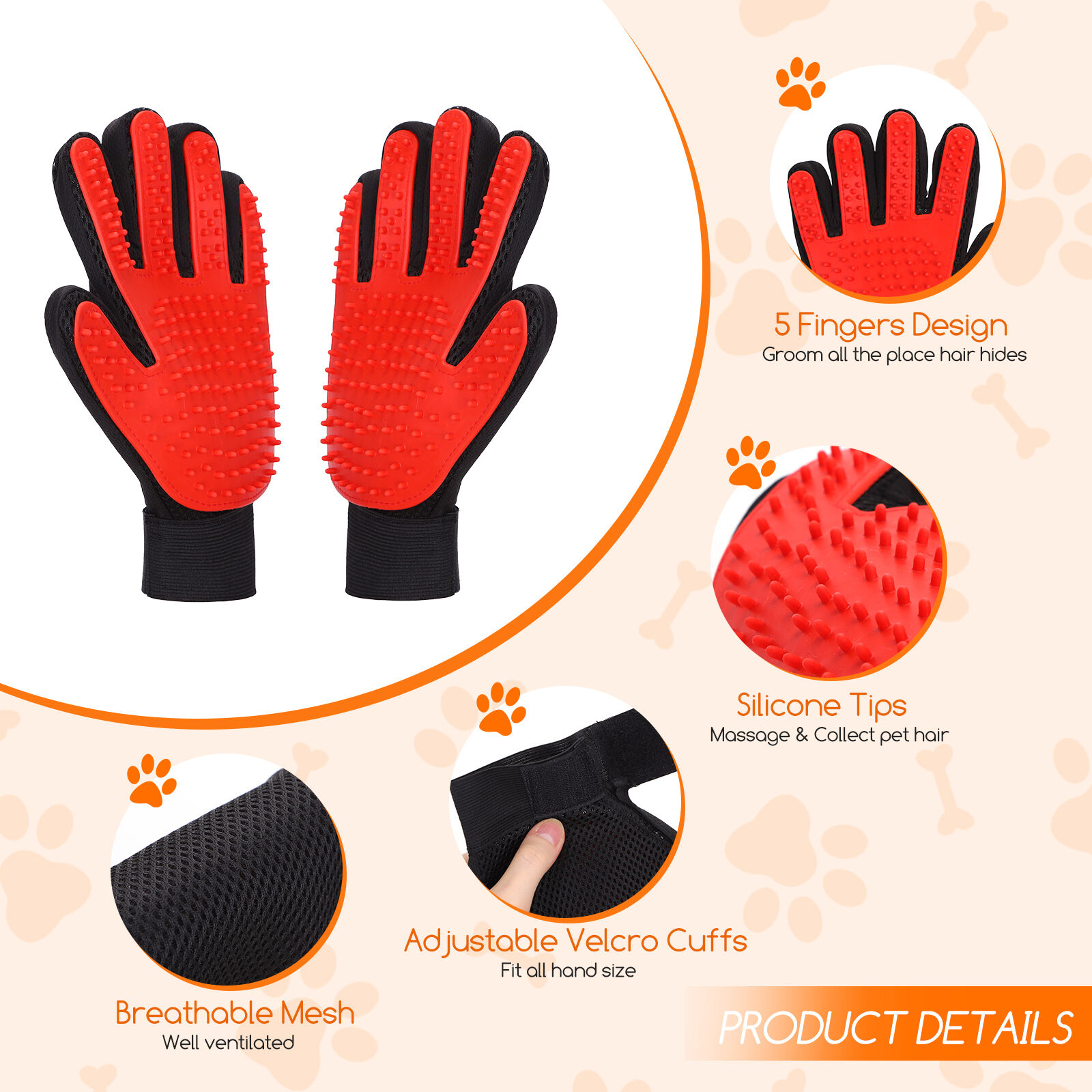 Nobleza - Guante Pelo Gato, Cepillo para Perros y Gatos Lavable y Reutilizable, Pack de 2 Guantes de Aseo para Perros y Gatos con Pulseras de Velcro Ajustables, Guantes Quita Pelos Gato, Rojo, , large Imagen numero 3