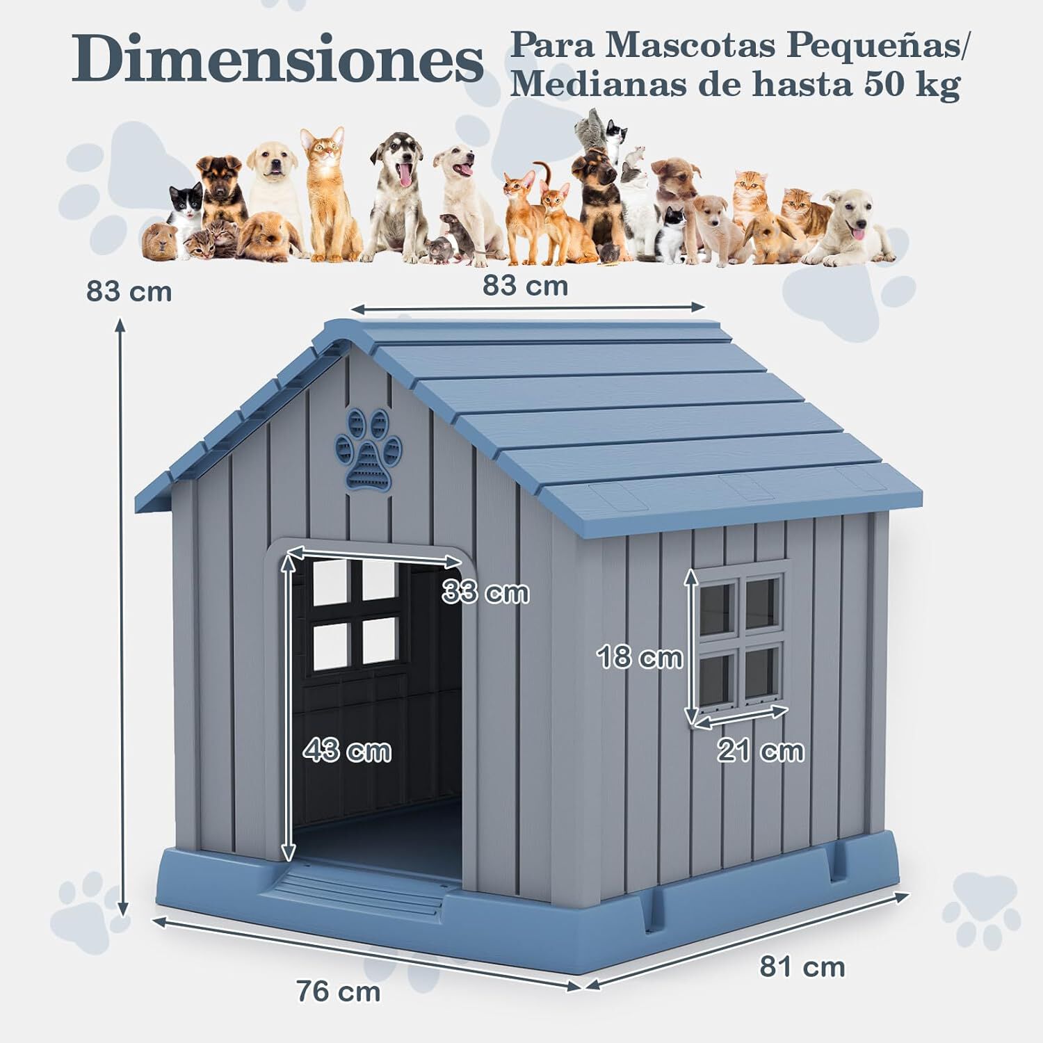 COSTWAY Caseta Perro Grande, 76x83x83 cm, Casa de Perro Exterior con Rejillas de Ventilaciones y Base Elevado, Refugio Impermeable Aislado para Mascotas Peque&ntilde;os y Medianos Interior y Exterior, Azul, , large Imagen numero 5