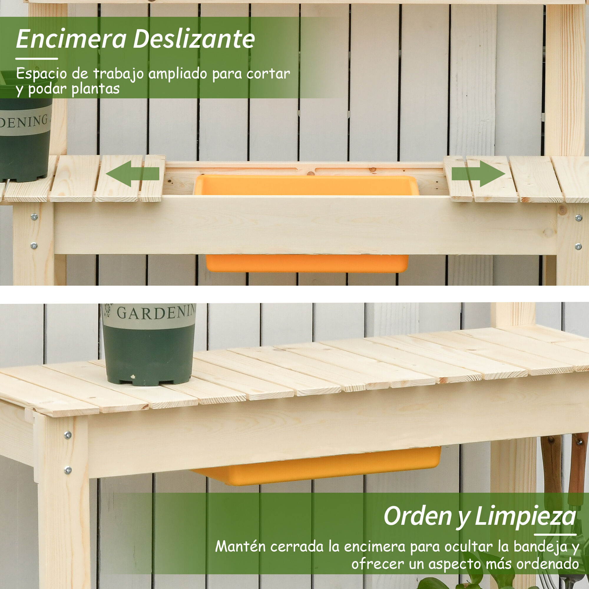 Outsunny Mesa de Plantaci&oacute;n de Madera Mesa para Macetas Mesa de Trabajo con Tablero Deslizante 3 Estantes Ganchos Jard&iacute;n Patio Garaje 100x40x140 cm Natural, , large Imagen numero 5