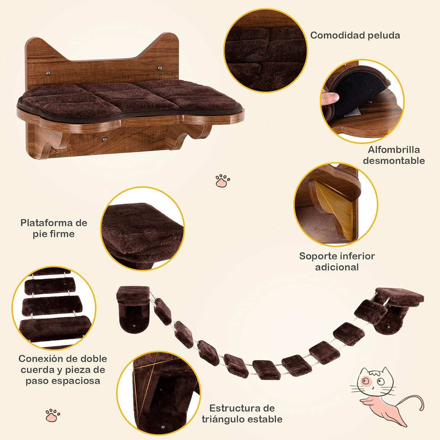 COSTWAY Escalera para Gatos Cama de Madera para Gatos Montada a la Pared Centro Actividad de Interior para Gatos, , large Imagen numero 3