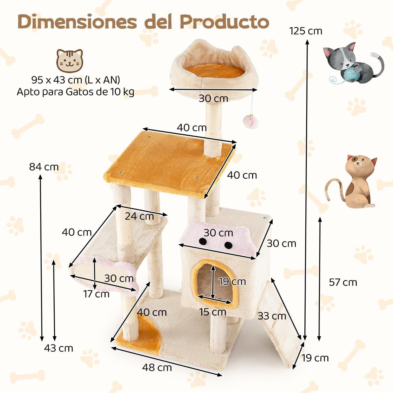 COSTWAY 125cm &Aacute;rbol Rascador para Gatos, Torre de Escalada Estable para Gato con Varios Niveles, Condominio, Postes Rascadores de Sisal, Rampa, Pelota, Castillo para Gatos, Estilo Bonito, Amarillo, , large Imagen numero 5