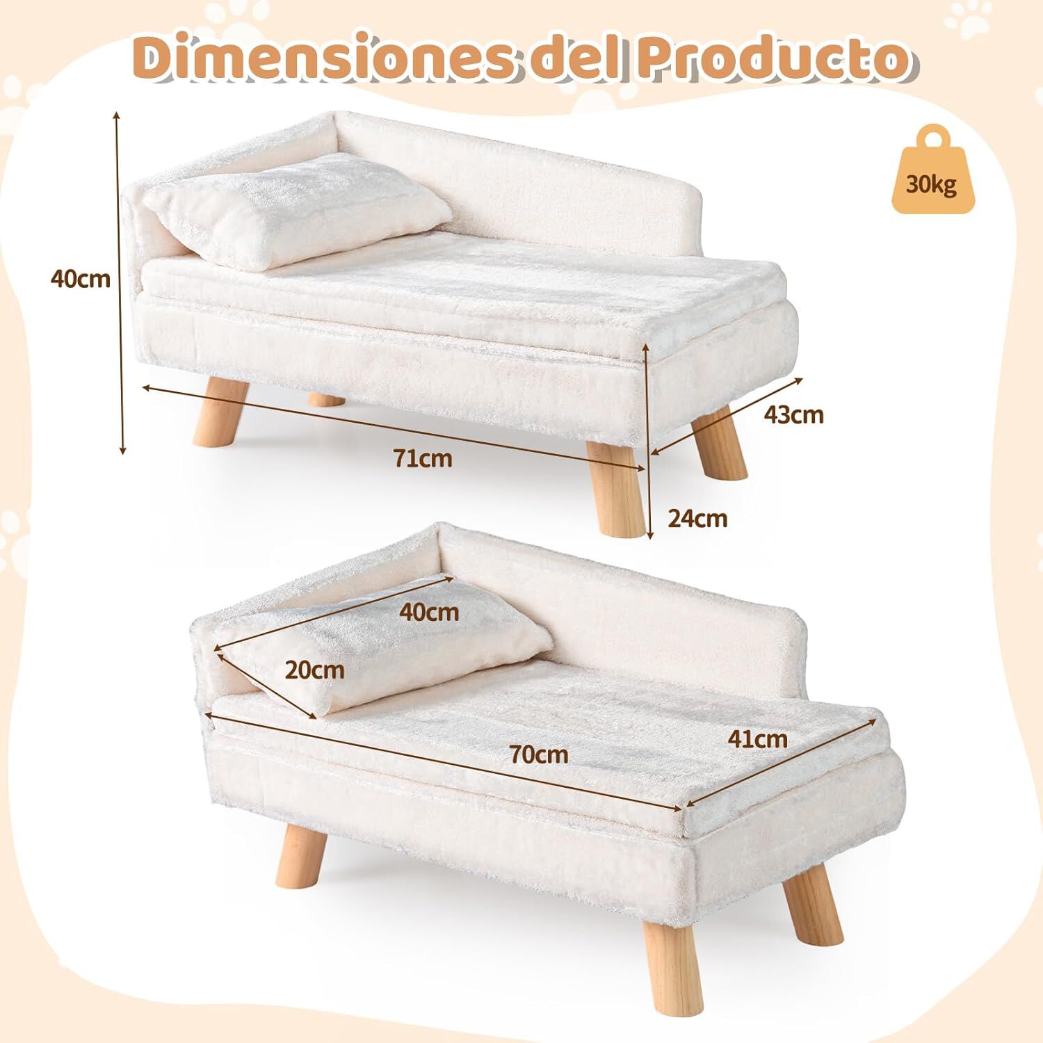 COSTWAY Cama para Gatos, mullida y Suave, sof&aacute; para Gatos medianos y peque&ntilde;os, Linda Cama para Gato con Base Antideslizante, Pies de Madera, Sof&aacute; Sill&oacute;n para Interior, 71 x 43 x 40 cm (Blanco), , large Imagen numero 5