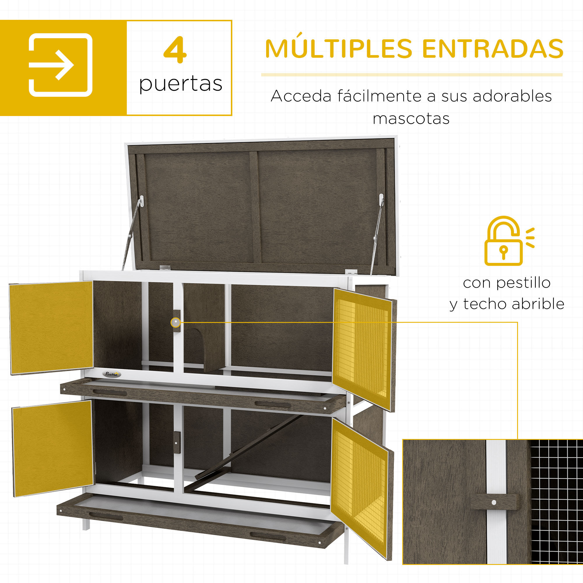PawHut Conejera de Madera Jaula para Conejos de 2 Pisos 97x44x91 cm con Techo Asf&aacute;ltico Puertas con Pestillo Bandejas Extra&iacute;bles y Rampa para 2 Conejos Marr&oacute;n, , large Imagen numero 4