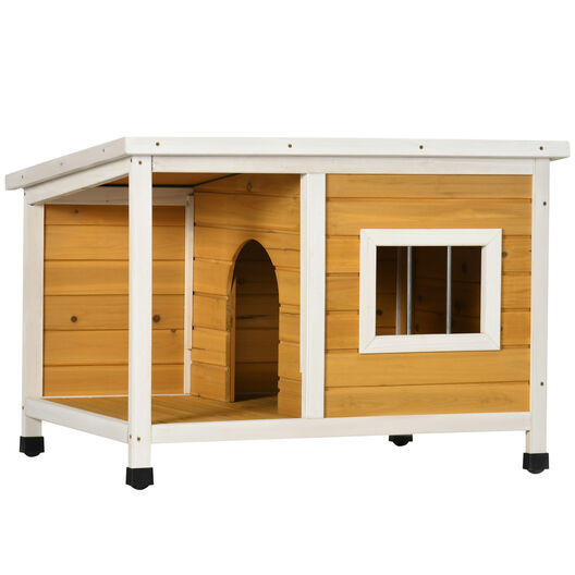 PawHut Casa para perros al aire libre, estilo cabaña, perrera elevada de  madera para mascotas con techo asfalto, puerta delantera, ventana lateral