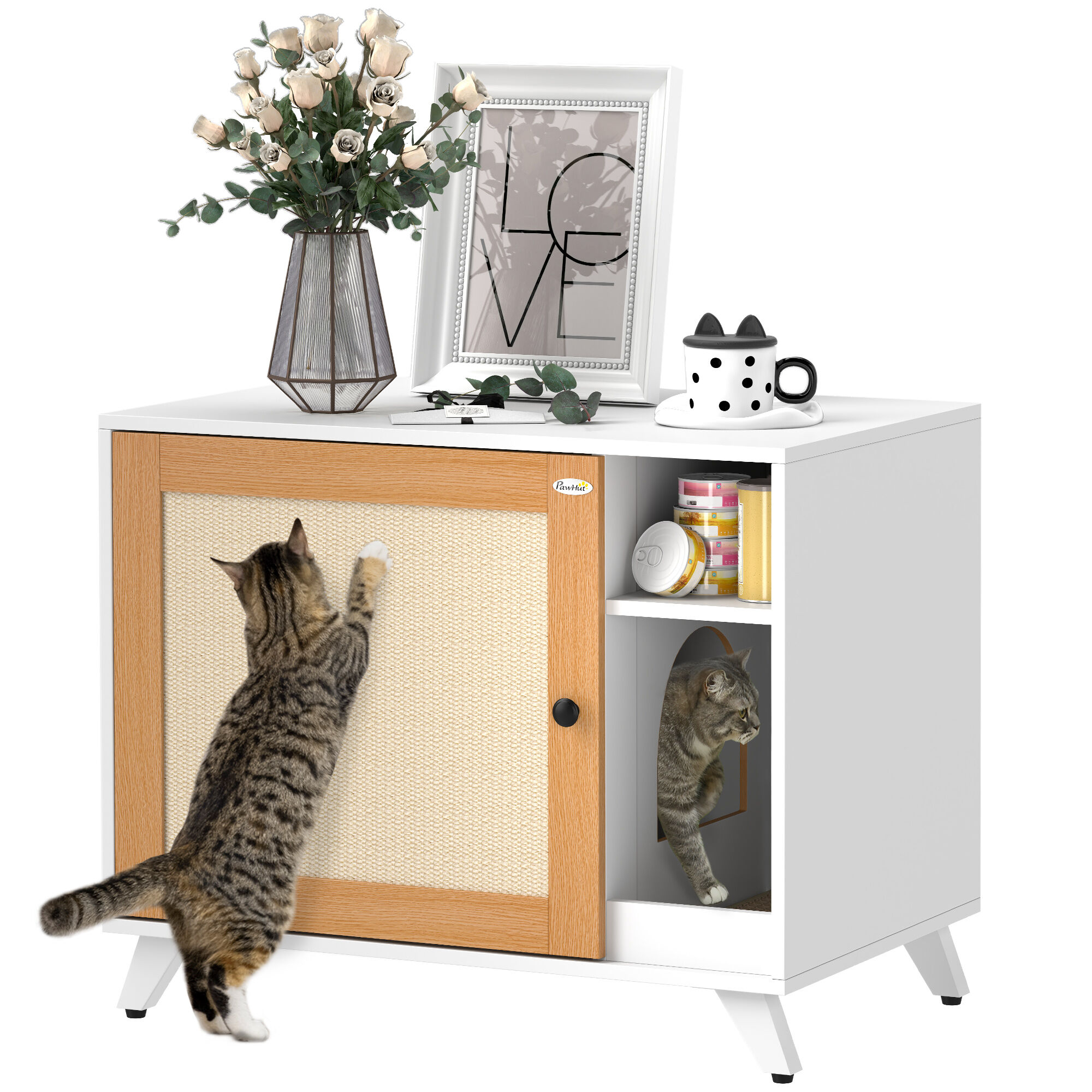 PawHut Mueble Arenero Blanco y Roble para gatos