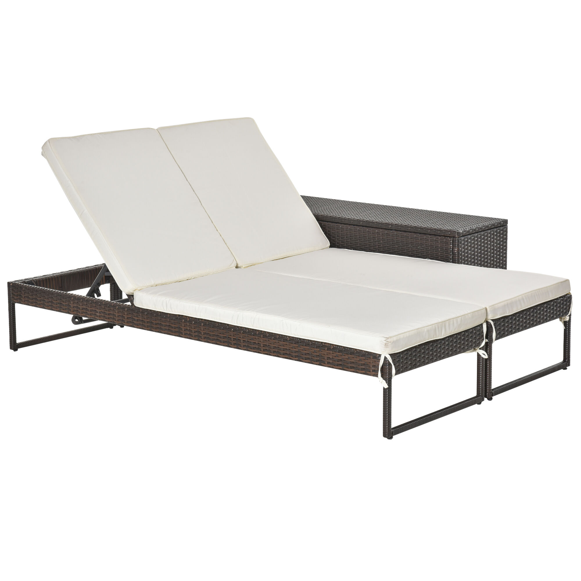Outsunny Conjunto de 2 Tumbonas de Jard&iacute;n con Cojines Acolchados Rat&aacute;n con Mesa Auxiliar para Piscina o Terraza Carga 160 kg 195x60x86 cm Acero Marr&oacute;n, , large Imagen numero 1