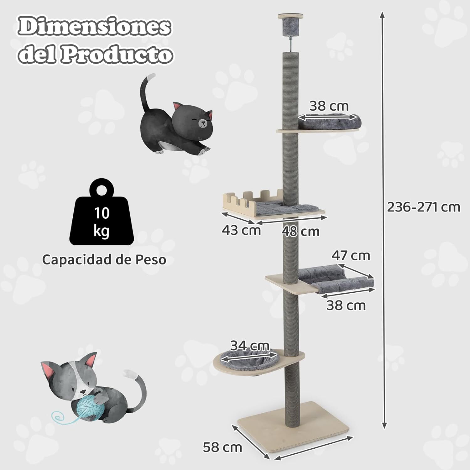 COSTWAY &Aacute;rbol para Gatos de Suelo a Techo de 236-271 cm, &Aacute;rbol Rascador para Gatos de Madera con Percha, Cama en Cesta, Postes Rascar, Hamaca y Cojines Removibles, Torre Gato Alta de 5 Niveles, Gris, , large Imagen numero 5